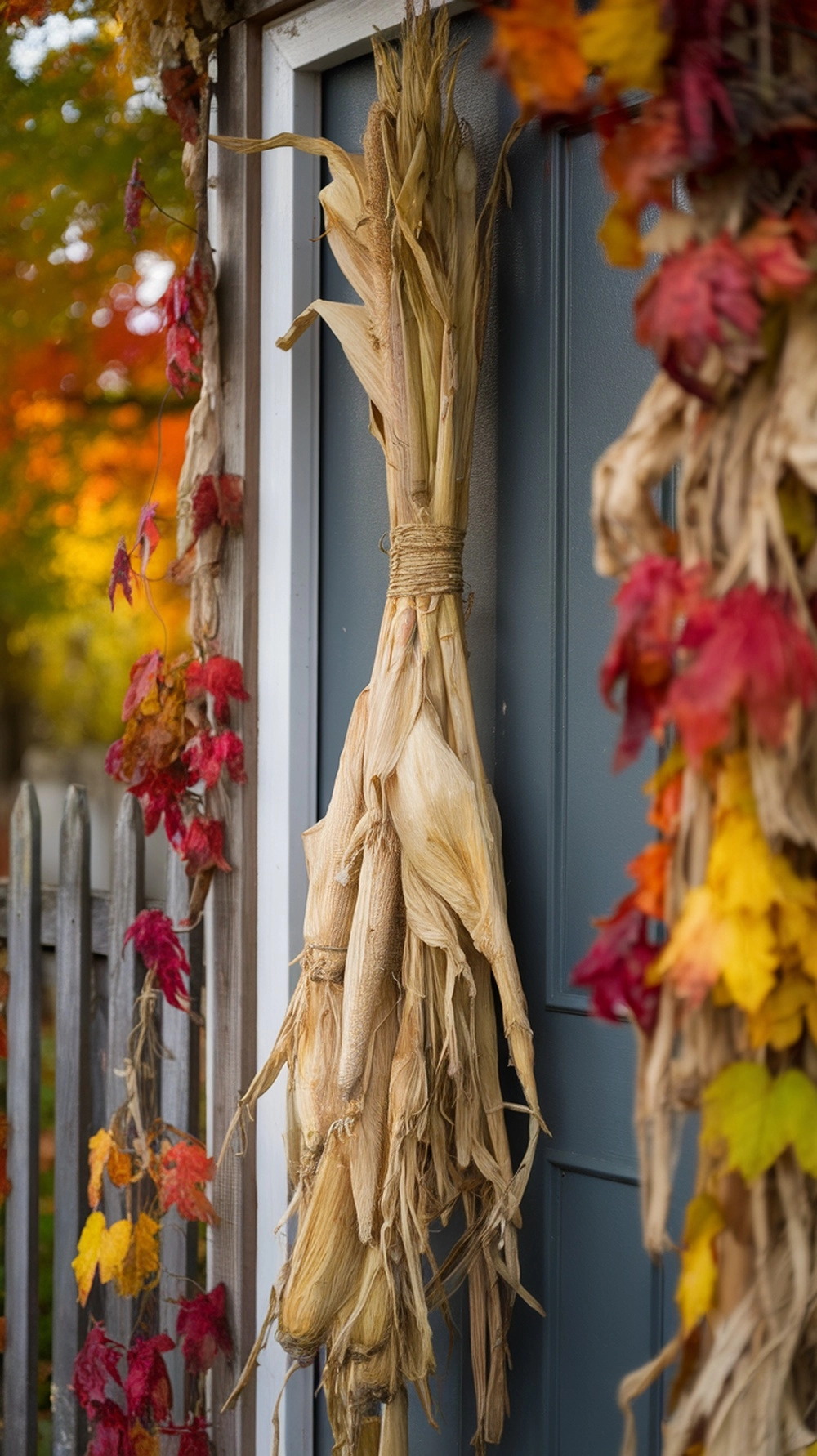 14 Beautiful Fall Door Decorations to Welcome Autumn 14 Hanging cornstalks with colorful autumn leaves on a door