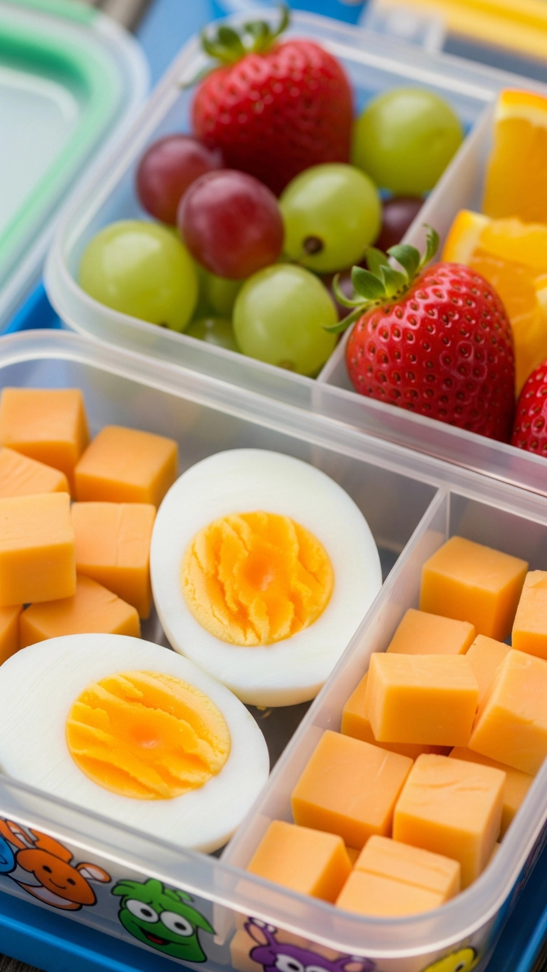 Creative and Healthy School Lunch Ideas for Kids 9 A close-up of a kid's lunch container with halved hard-boiled eggs, cheese cubes, and fresh grapes.