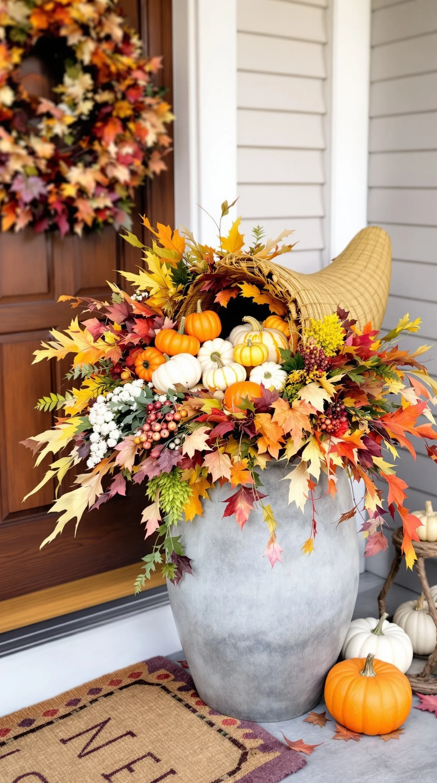 17 Cozy Fall Wreath Ideas to Make Your Front Door Shine 7 A beautiful Harvest Cornucopia Wreath with pumpkins and autumn leaves