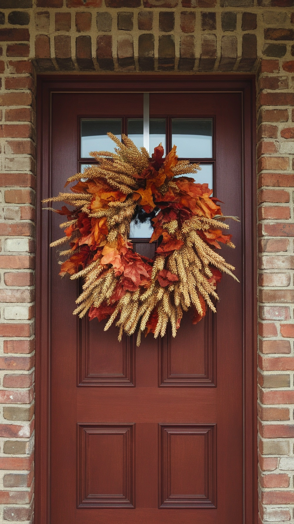 A beautiful harvest-inspired wreath made of autumn leaves and wheat, hanging on a brown door.