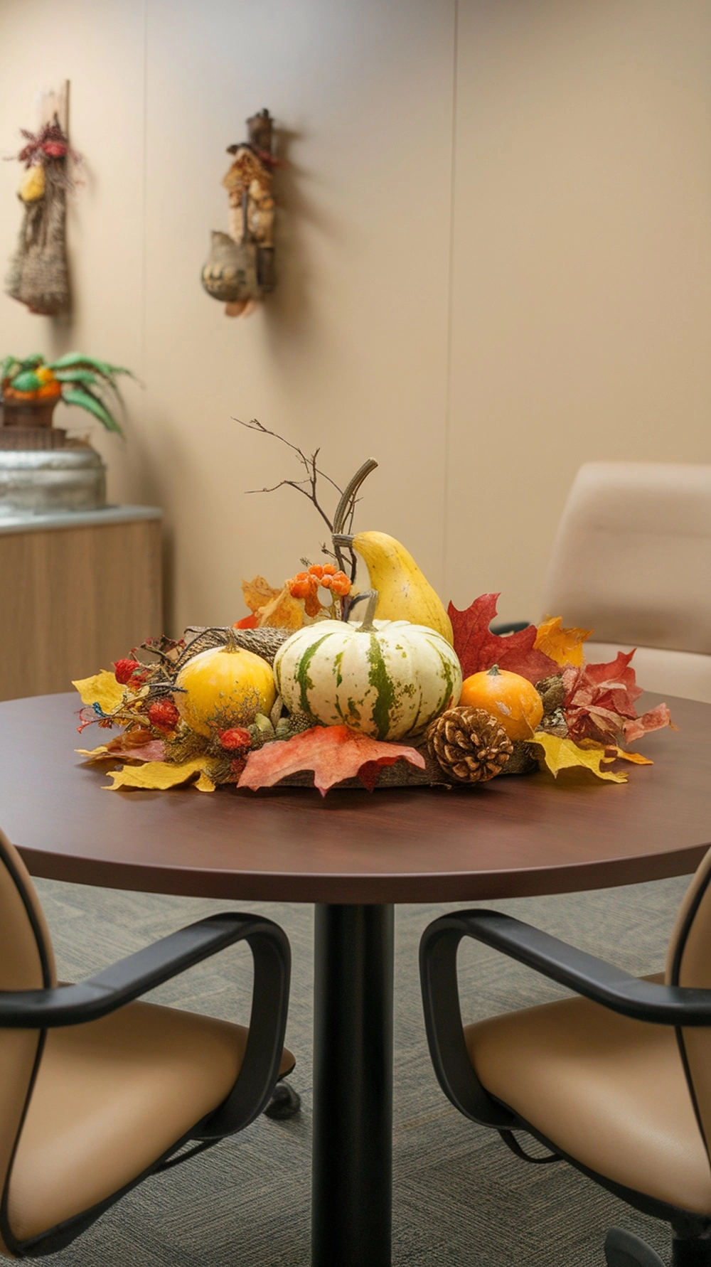 A harvest-themed centerpiece featuring pumpkins, gourds, and autumn leaves on a round table in an office.