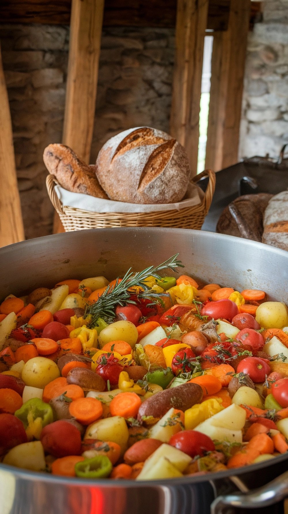 A pot of colorful harvest vegetable stew with carrots, potatoes, and tomatoes, accompanied by a basket of bread.