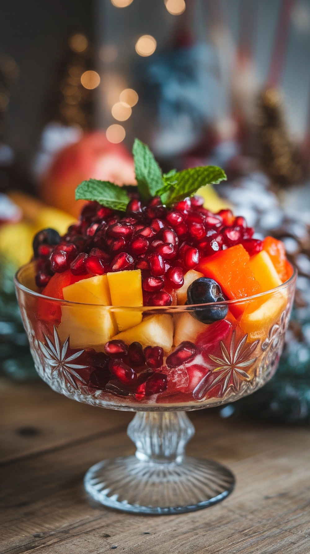 A colorful bowl of holiday fruit salad featuring pomegranates, mangoes, apples, and blueberries, garnished with mint leaves.