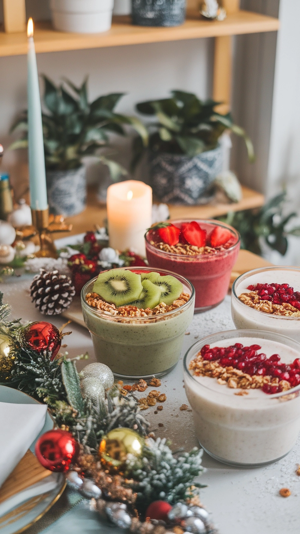 Colorful holiday smoothie bowls with fruits and granola, decorated for Christmas.