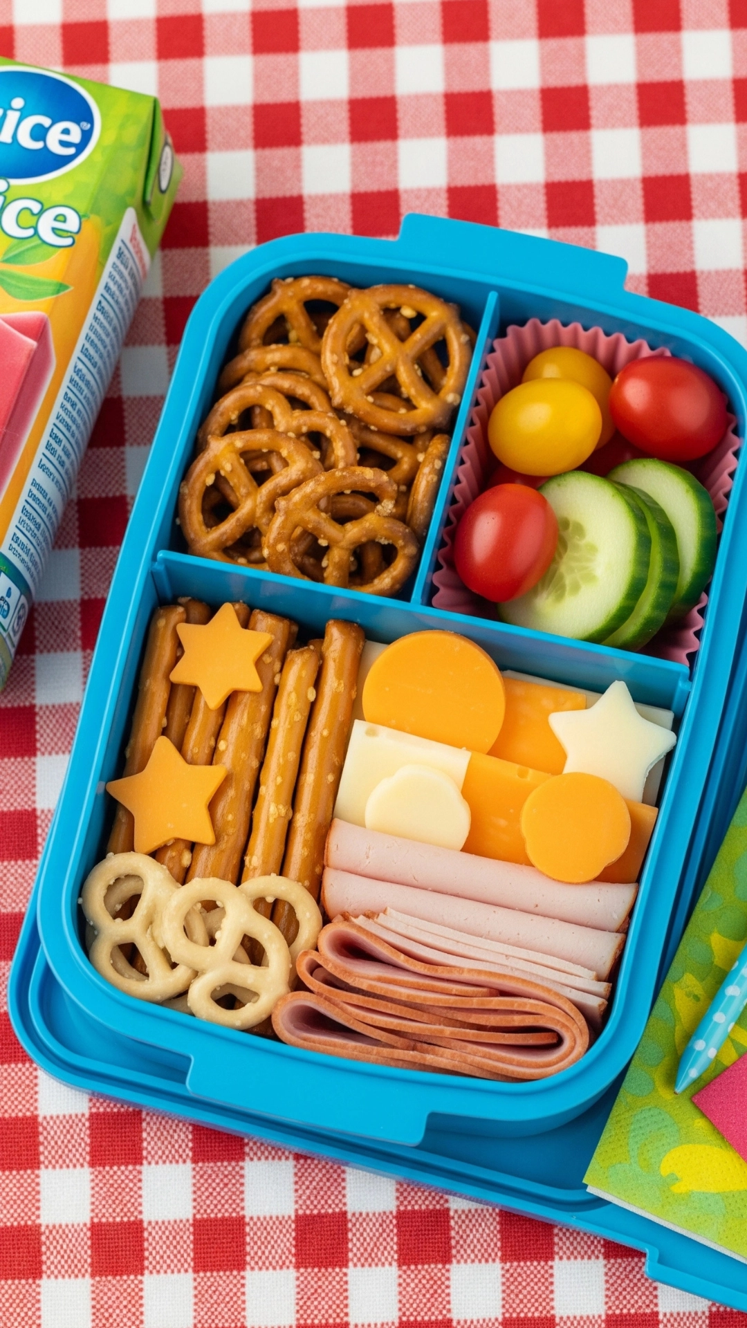 Creative and Healthy School Lunch Ideas for Kids 7 A homemade "Lunchables" style bento box with pretzels, star-shaped cheese, and rolled deli meat.