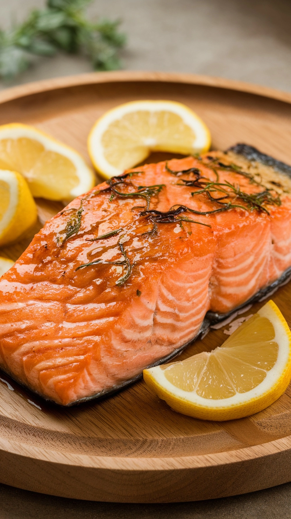 Honey mustard glazed salmon on a wooden plate with lemon slices