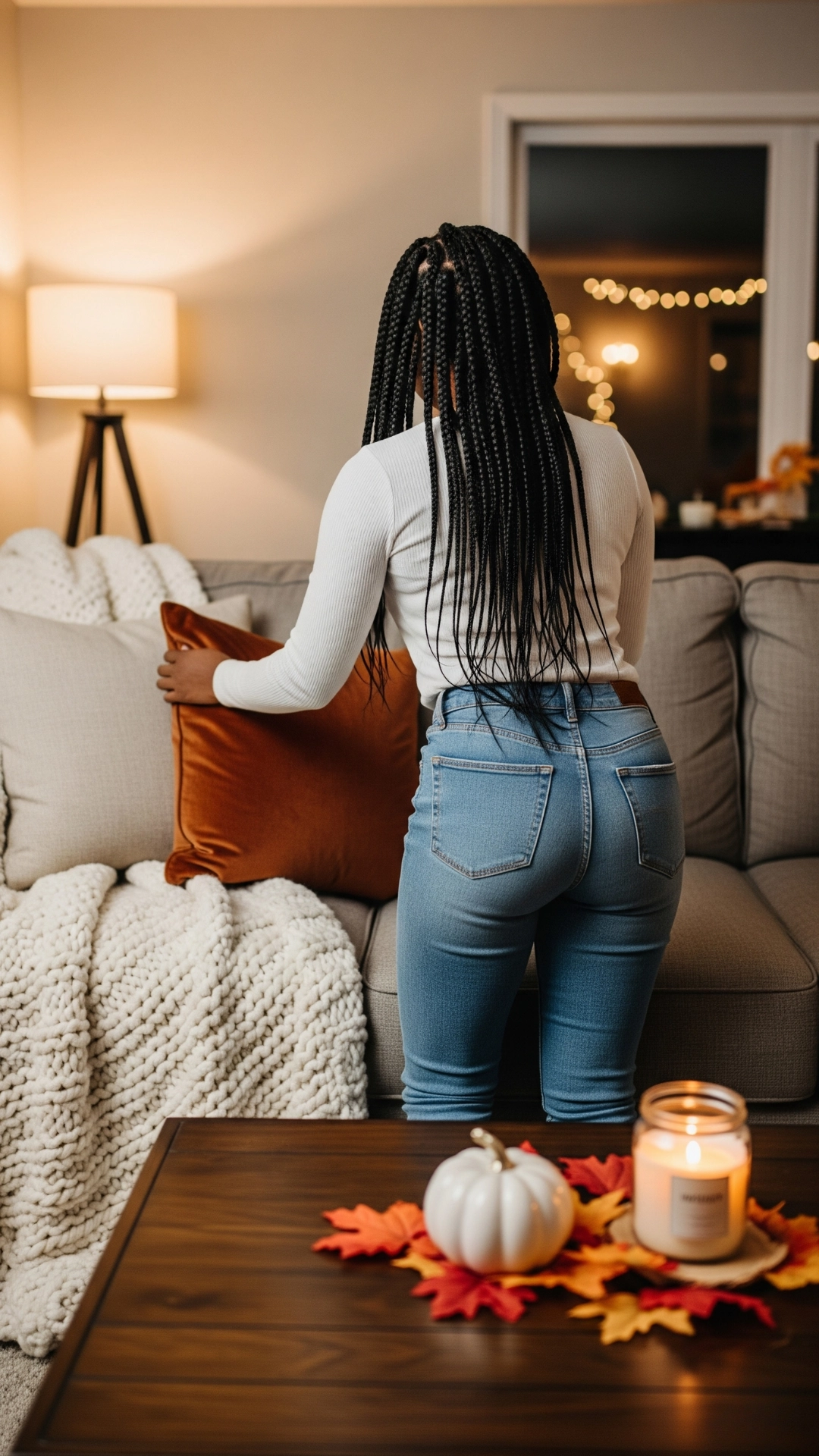 How to Make Your Fall Home Decor Look Expensive 6 A woman fluffs a rust-colored velvet pillow on a sofa in a cozy living room decorated for the fall season.