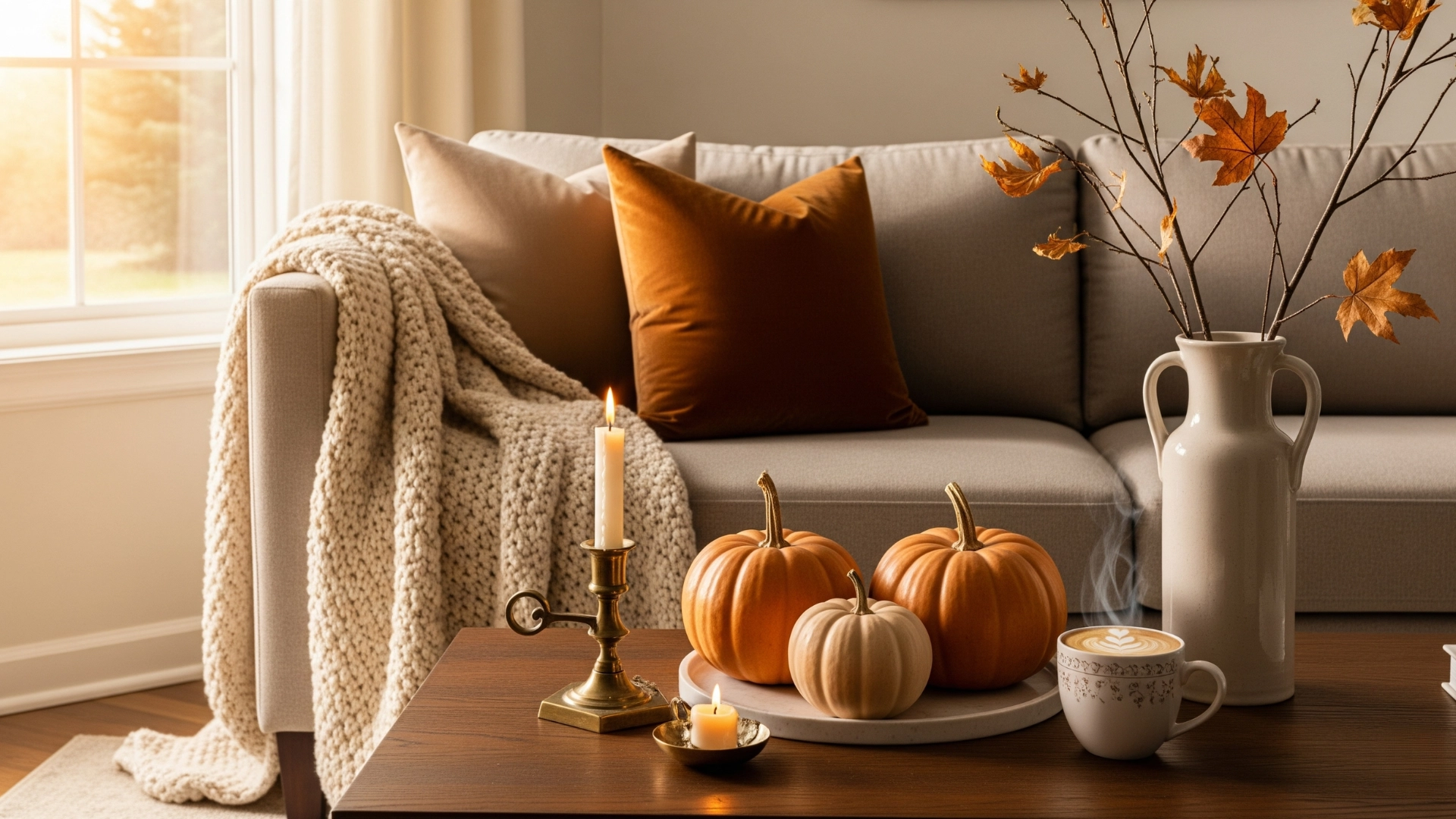 A sophisticated living room featuring elegant fall home decor, with a cozy sofa and a coffee table displaying pumpkins, a brass candlestick, and branches in warm sunlight.