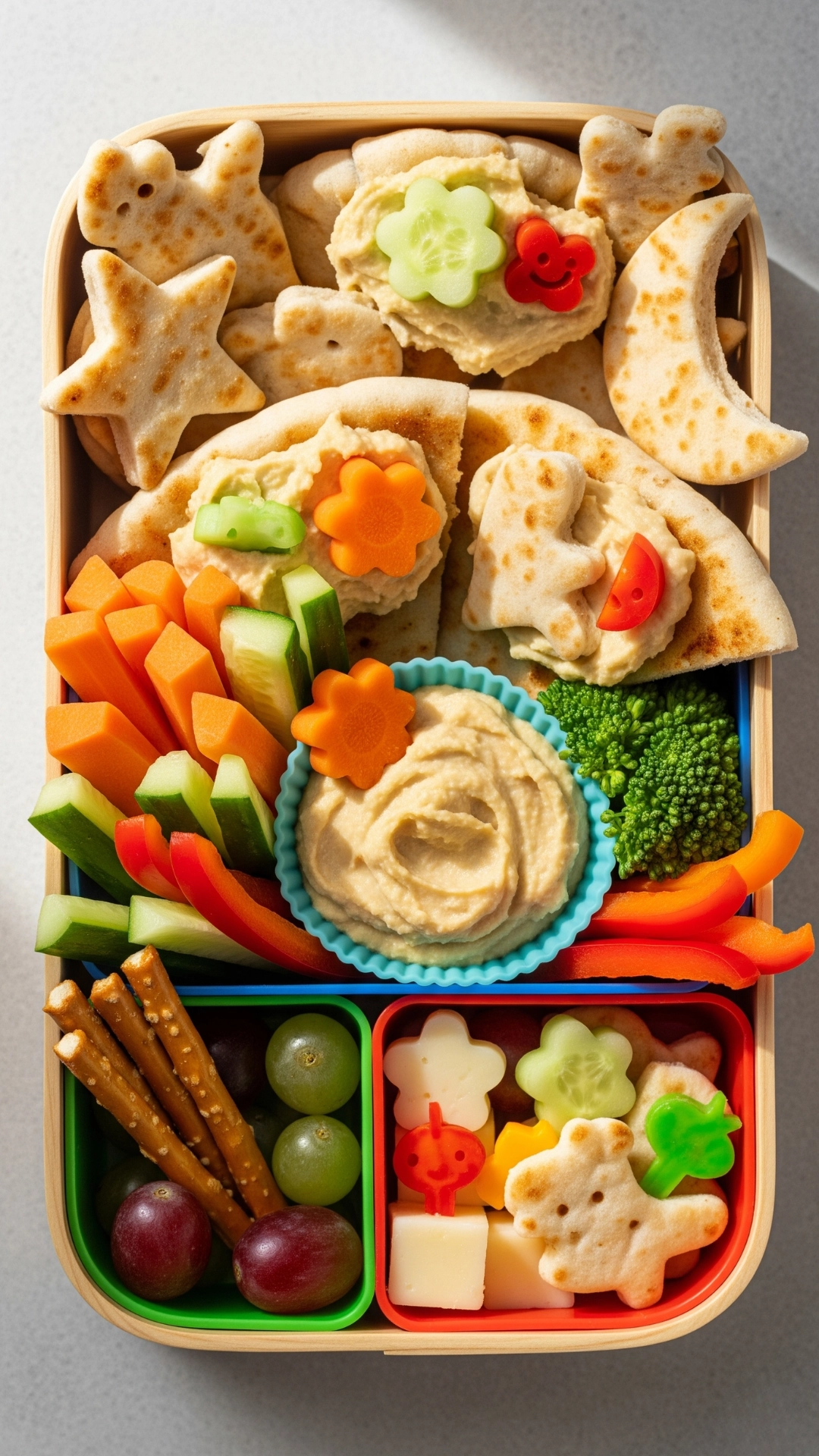 Creative and Healthy School Lunch Ideas for Kids 14 A bento box with star and animal-shaped pitas, hummus for dipping, and fresh veggie sticks.