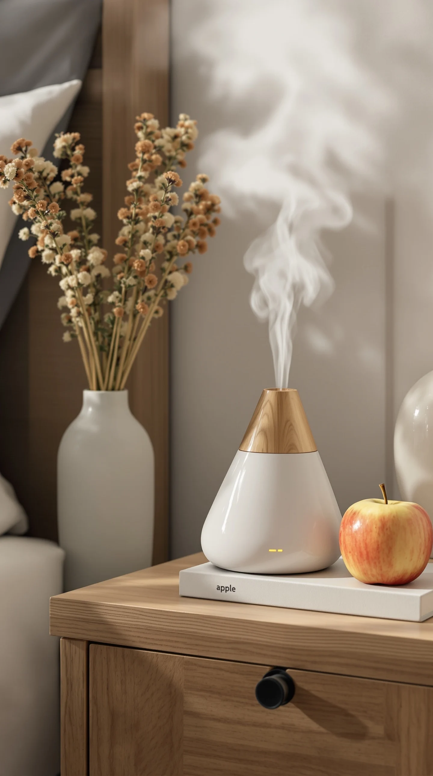 A diffuser with apple slices and cinnamon sticks, emitting a gentle mist, placed on a bedside table.