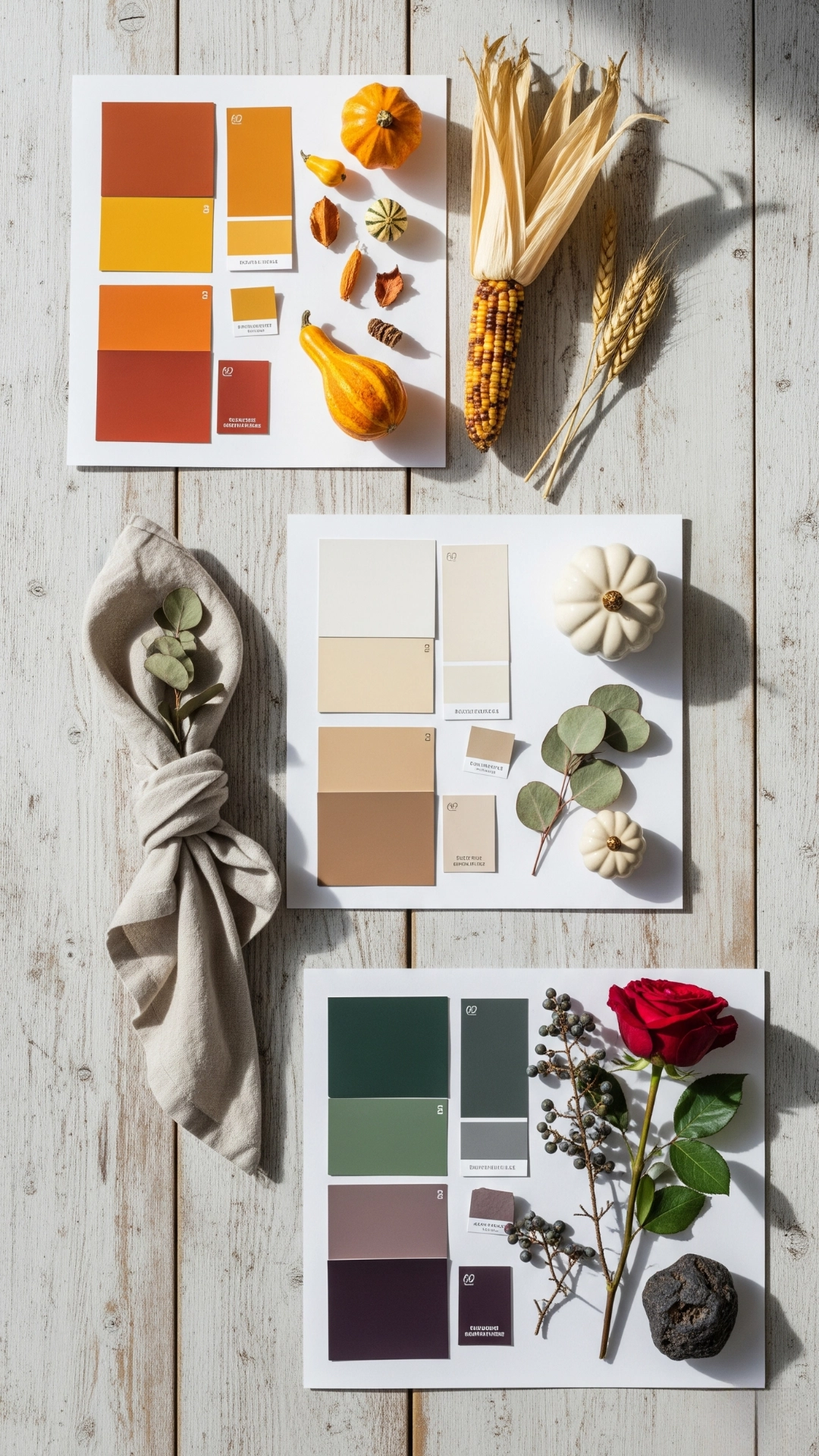 How to Make Your Fall Home Decor Look Expensive 3 A flat lay of three fall decor color schemes: classic harvest, modern farmhouse, and moody romantic.