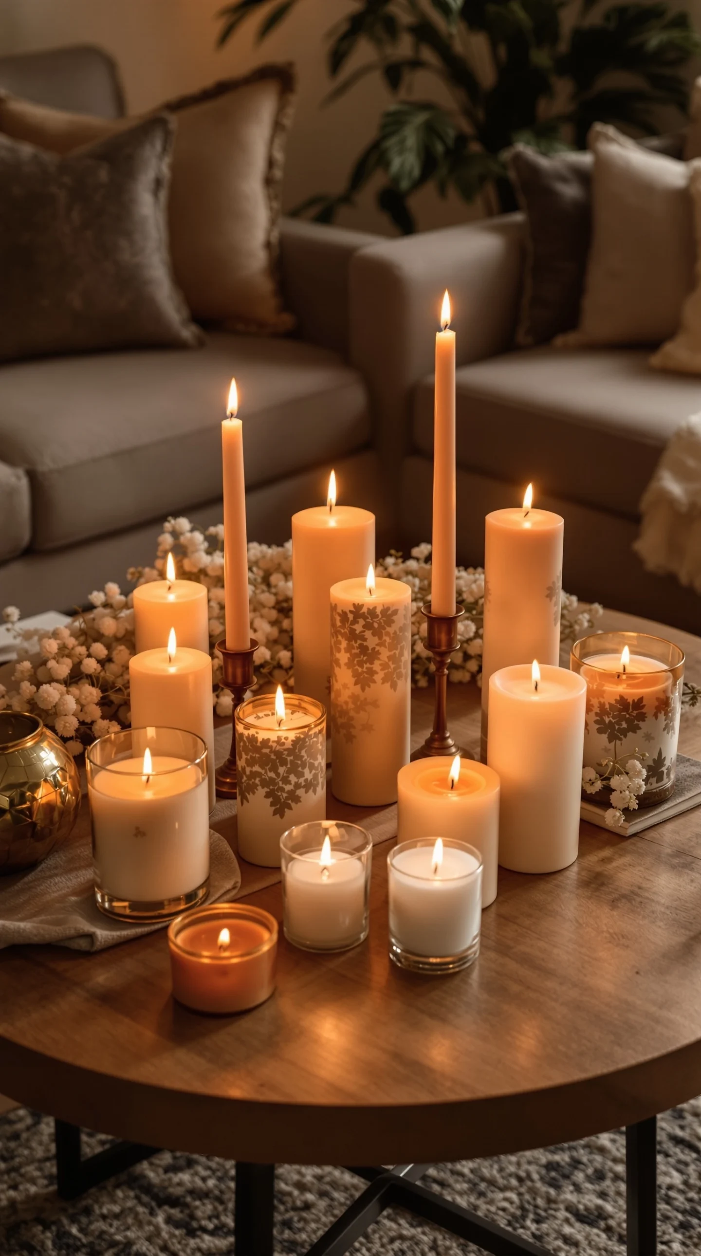 A cozy living room table arrangement featuring various candles of different sizes and styles, creating a warm and inviting atmosphere.