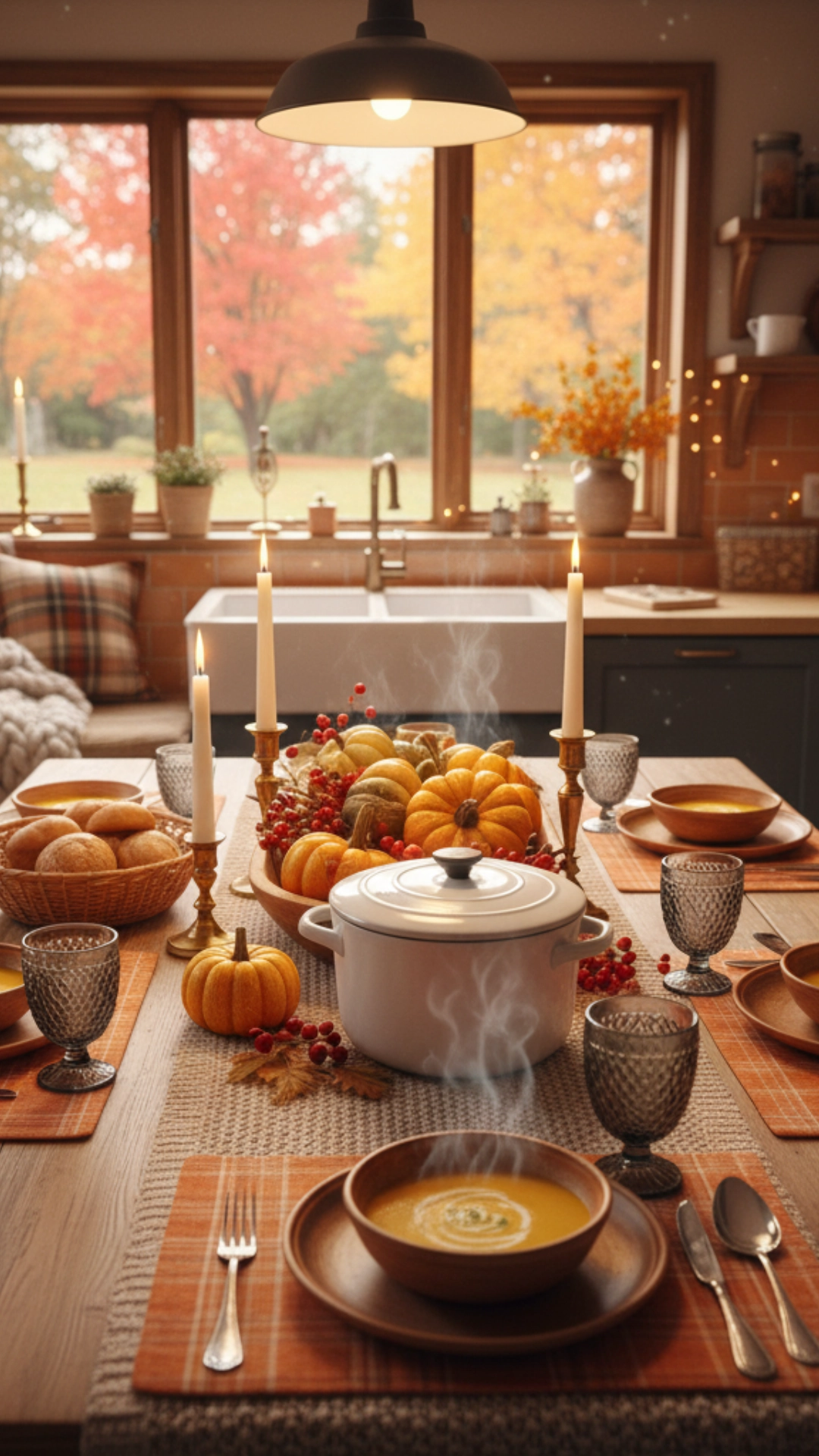 Cozy fall kitchen dining area with rustic decor and warm colors