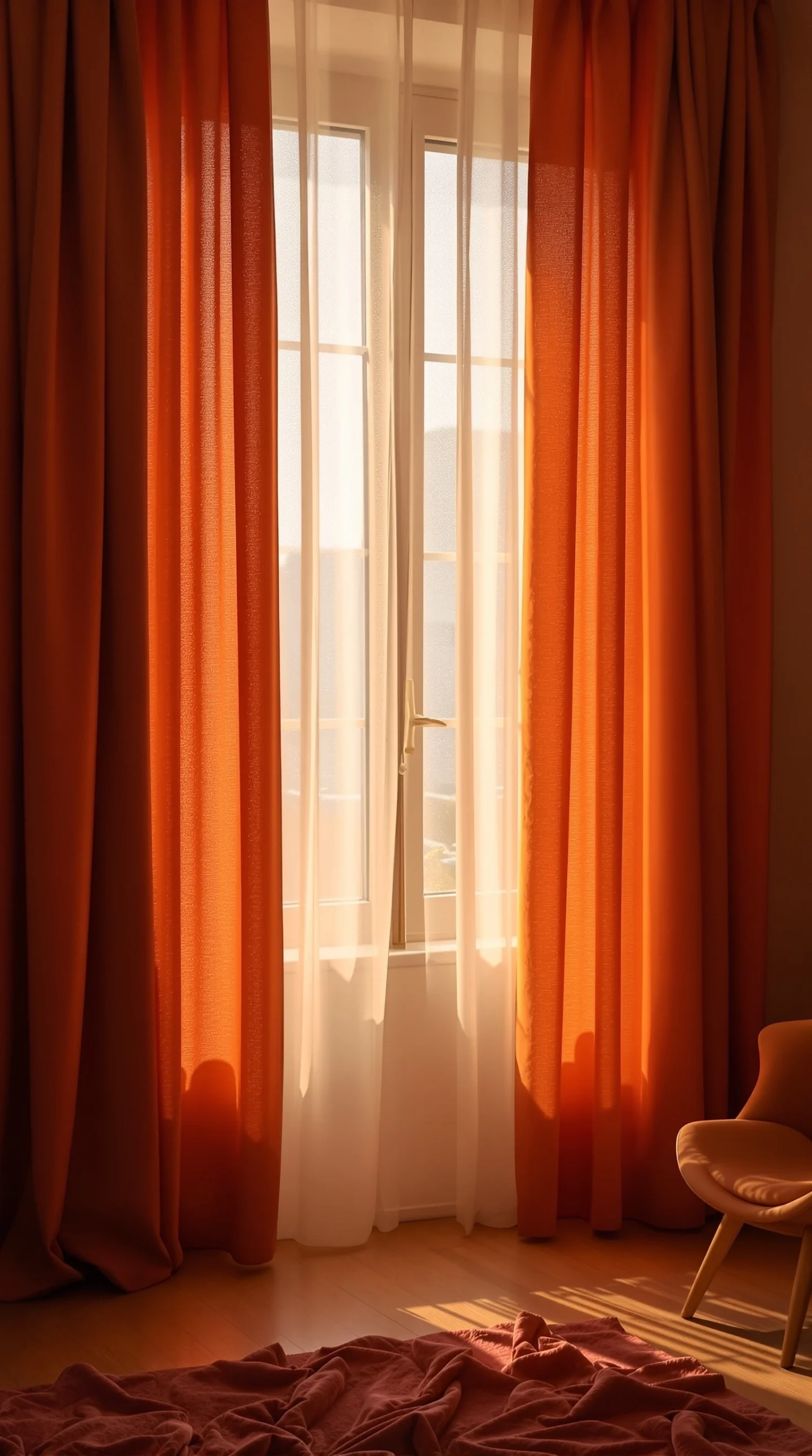 Layered curtains in warm orange and sheer white, adding warmth and texture to a cozy living room.
