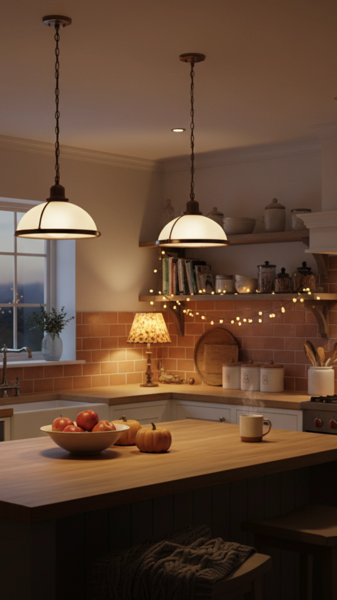 Cozy fall kitchen with layered lighting and plants