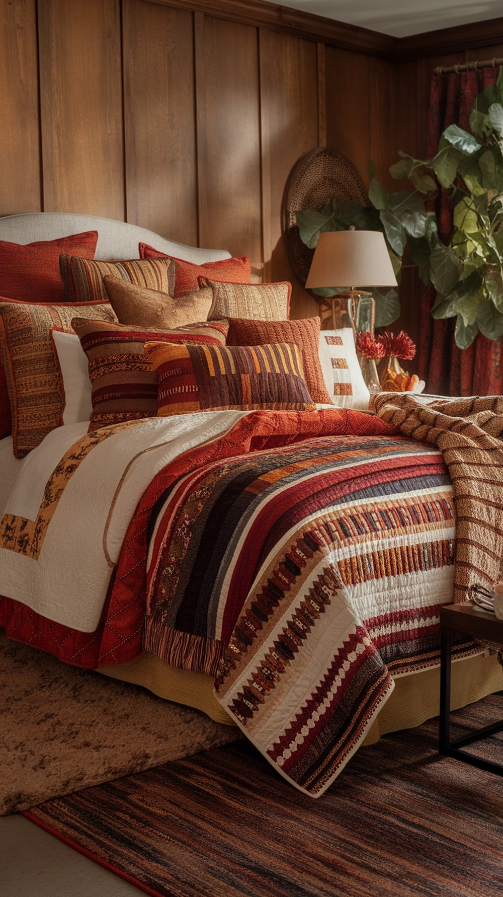 Cozy fall bedroom decor with layered textiles, warm colors, and inviting textures.