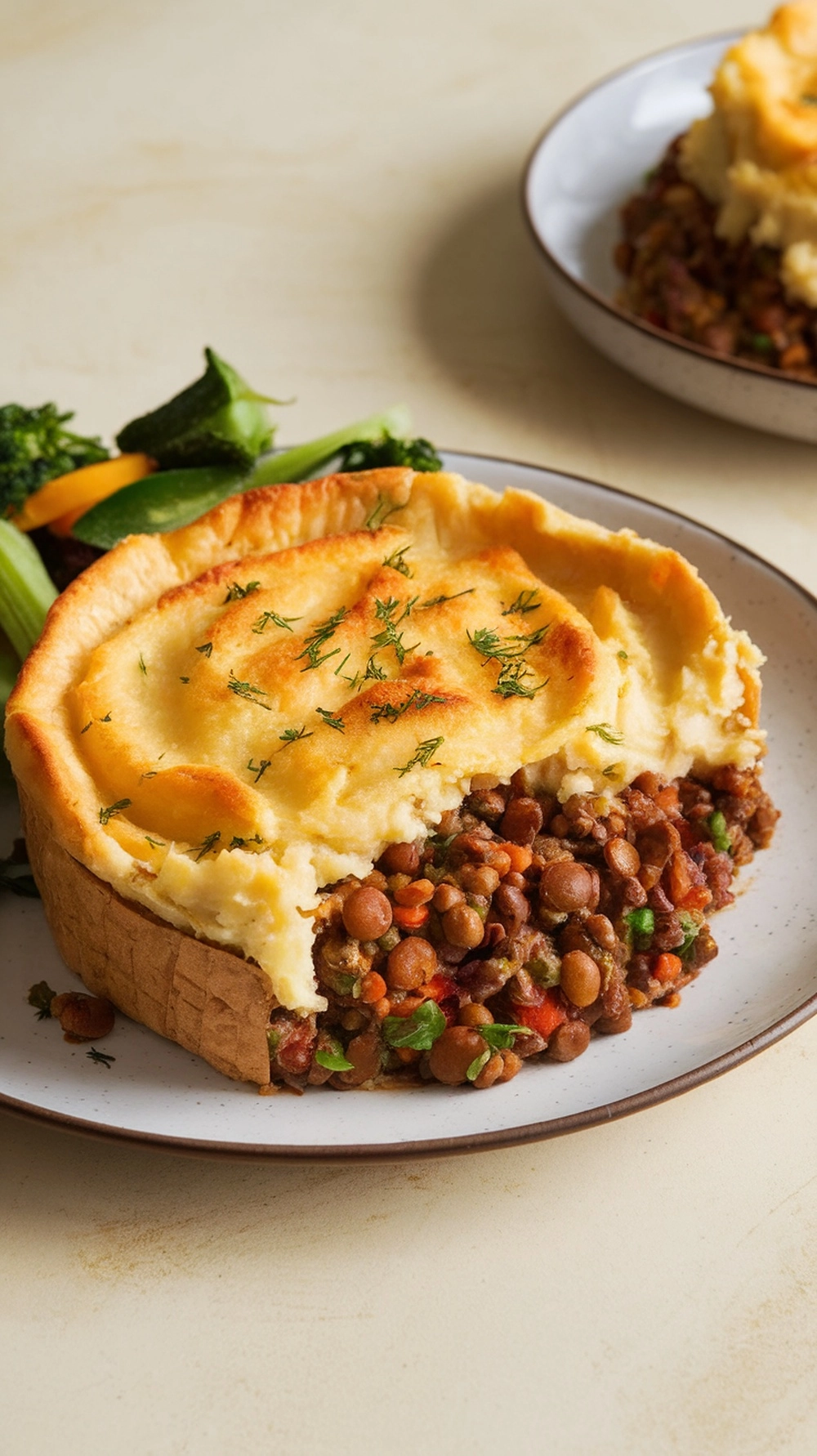 A serving of lentil and vegetable shepherd's pie with mashed potatoes on top, served with a side of steamed vegetables.