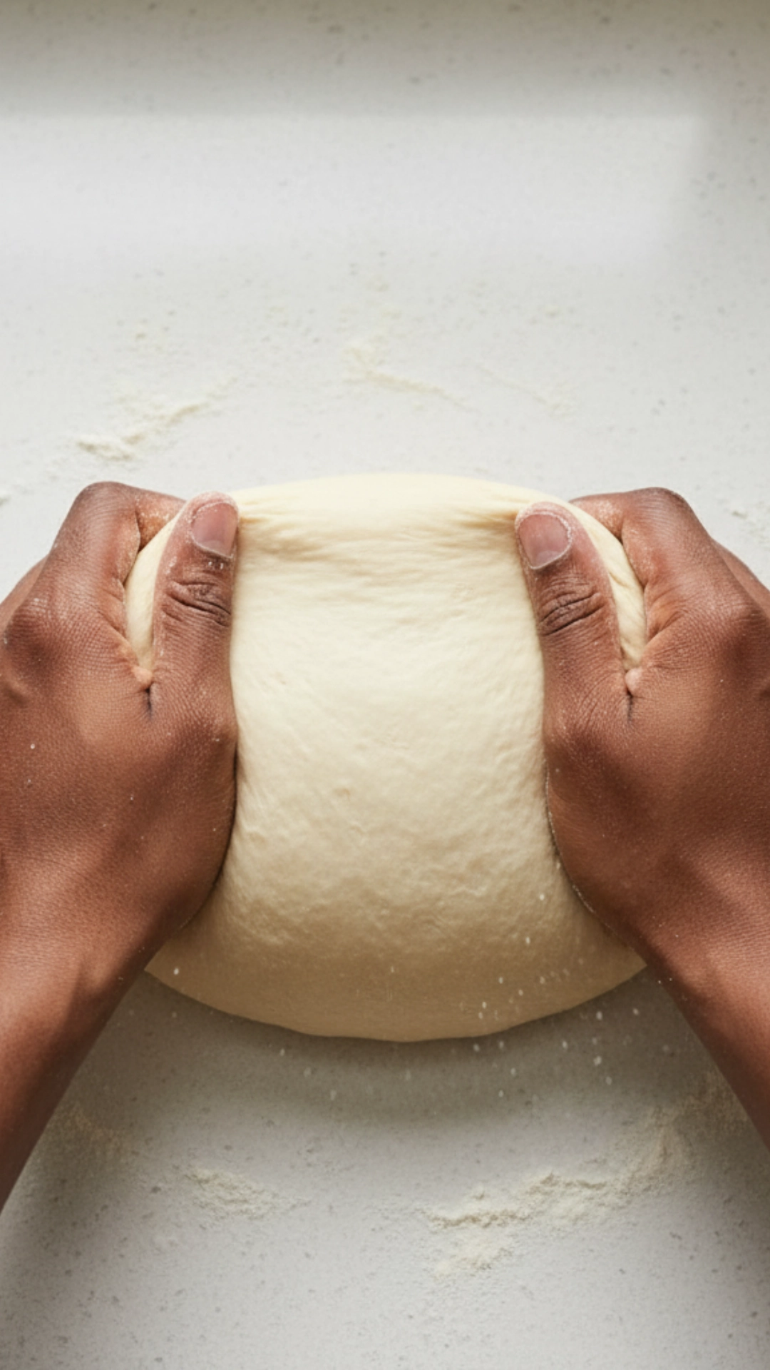 A smooth, soft ball of dough for Christmas cinnamon rolls being kneaded on a lightly floured countertop.