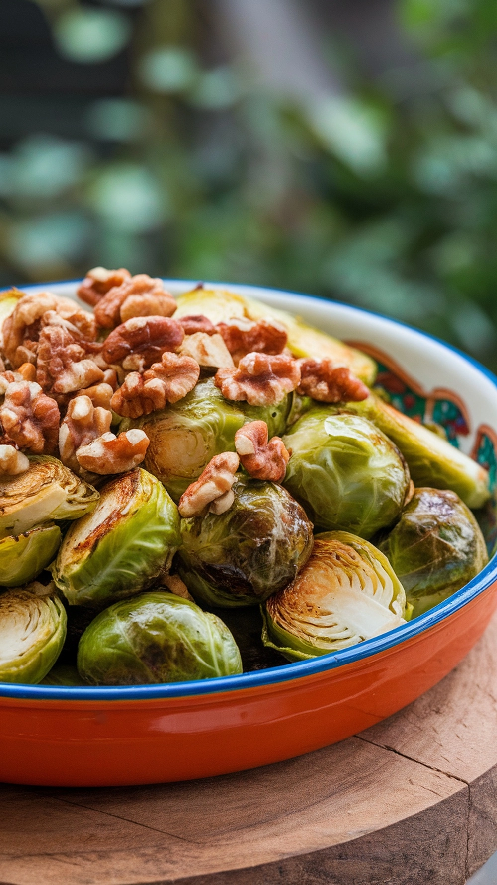 Maple glazed Brussels sprouts topped with walnuts in a colorful dish
