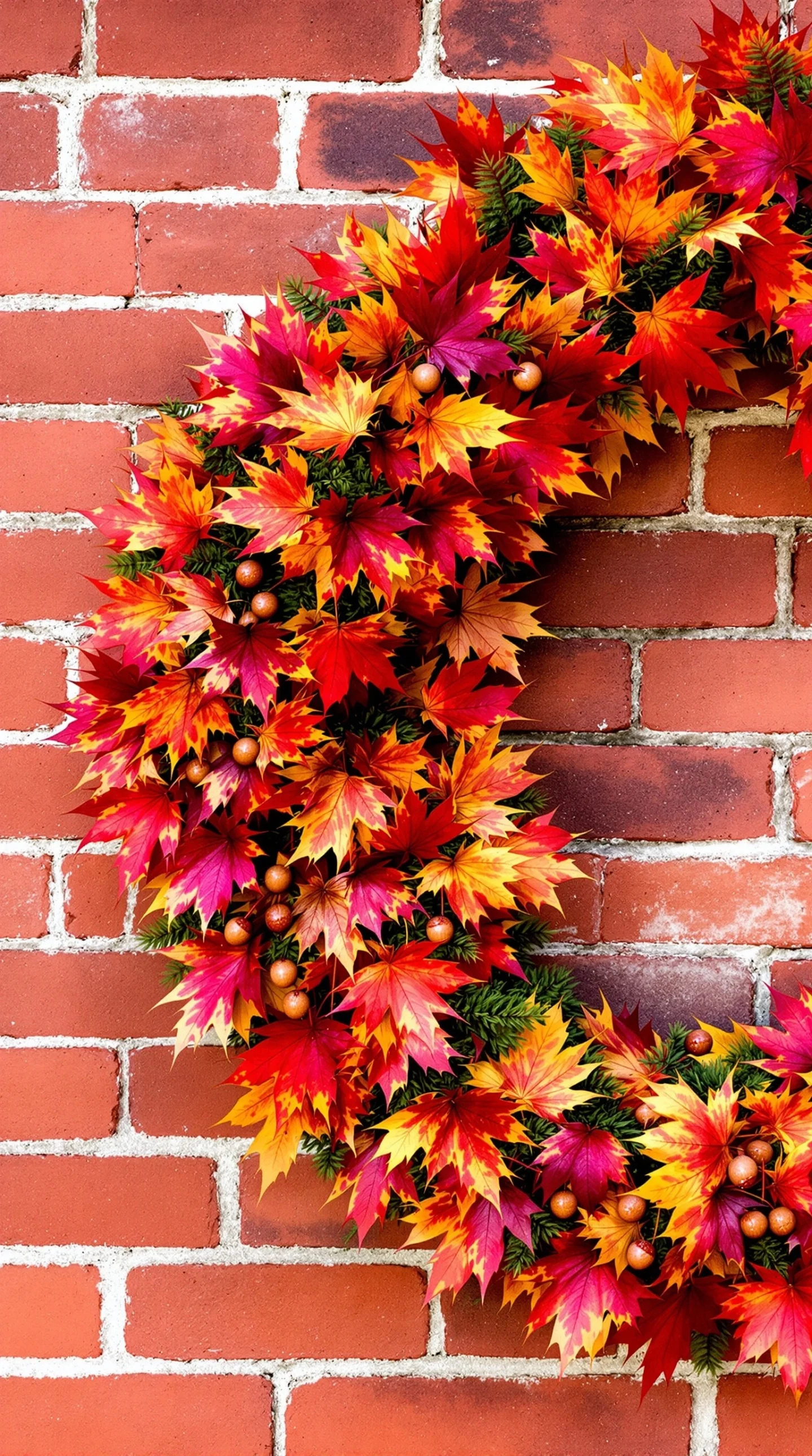 17 Cozy Fall Wreath Ideas to Make Your Front Door Shine 2 A vibrant maple leaf and acorn wreath hanging on a brick wall.