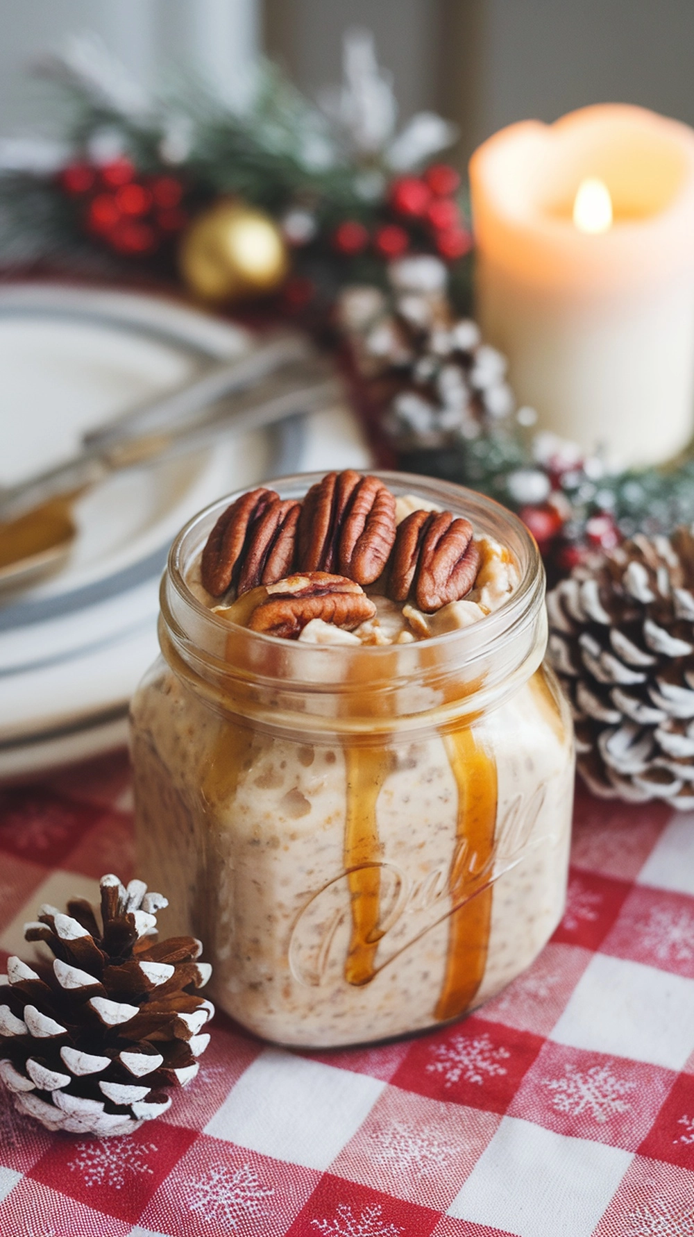 A jar of maple pecan overnight oats topped with pecans and maple syrup, set on a festive table with holiday decorations.