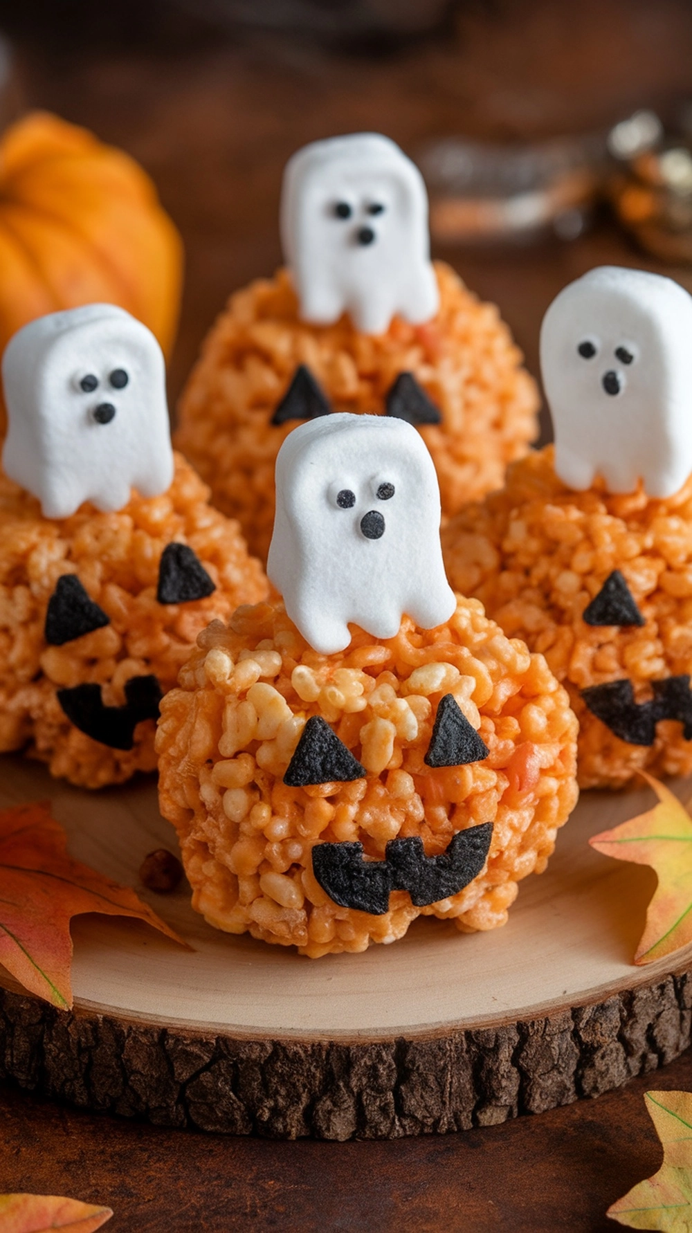Rice Krispie pumpkin treats topped with marshmallow ghosts, featuring black candy eyes and mouths.