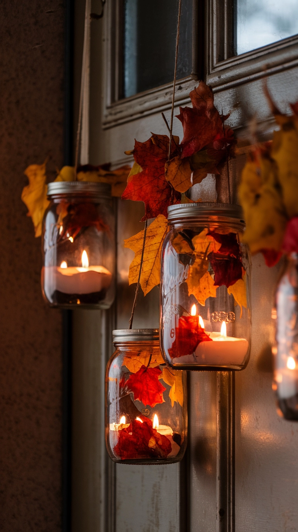 14 Beautiful Fall Door Decorations to Welcome Autumn 10 Mason jar lanterns filled with fall foliage and candles hanging on a door
