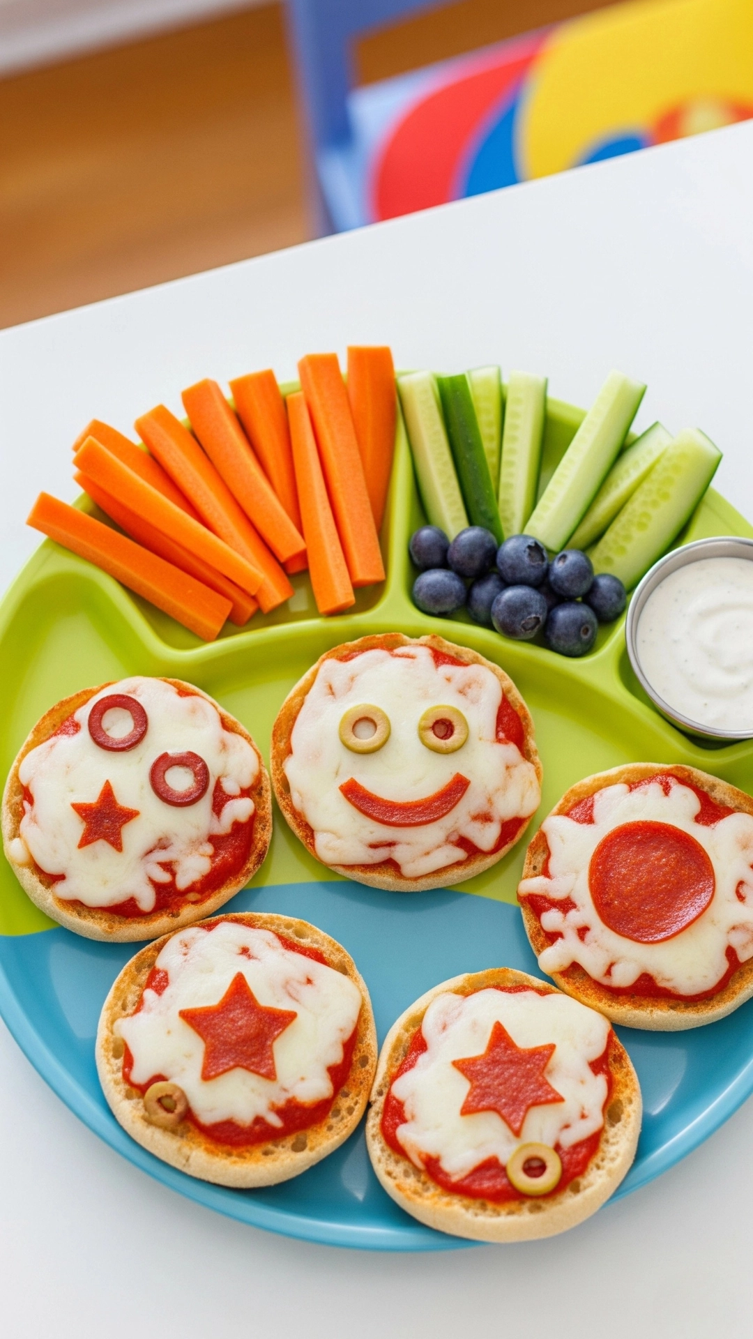 Creative and Healthy School Lunch Ideas for Kids 5 A kid's plate with mini English muffin pizzas decorated with fun shapes, served with carrots and cucumbers.