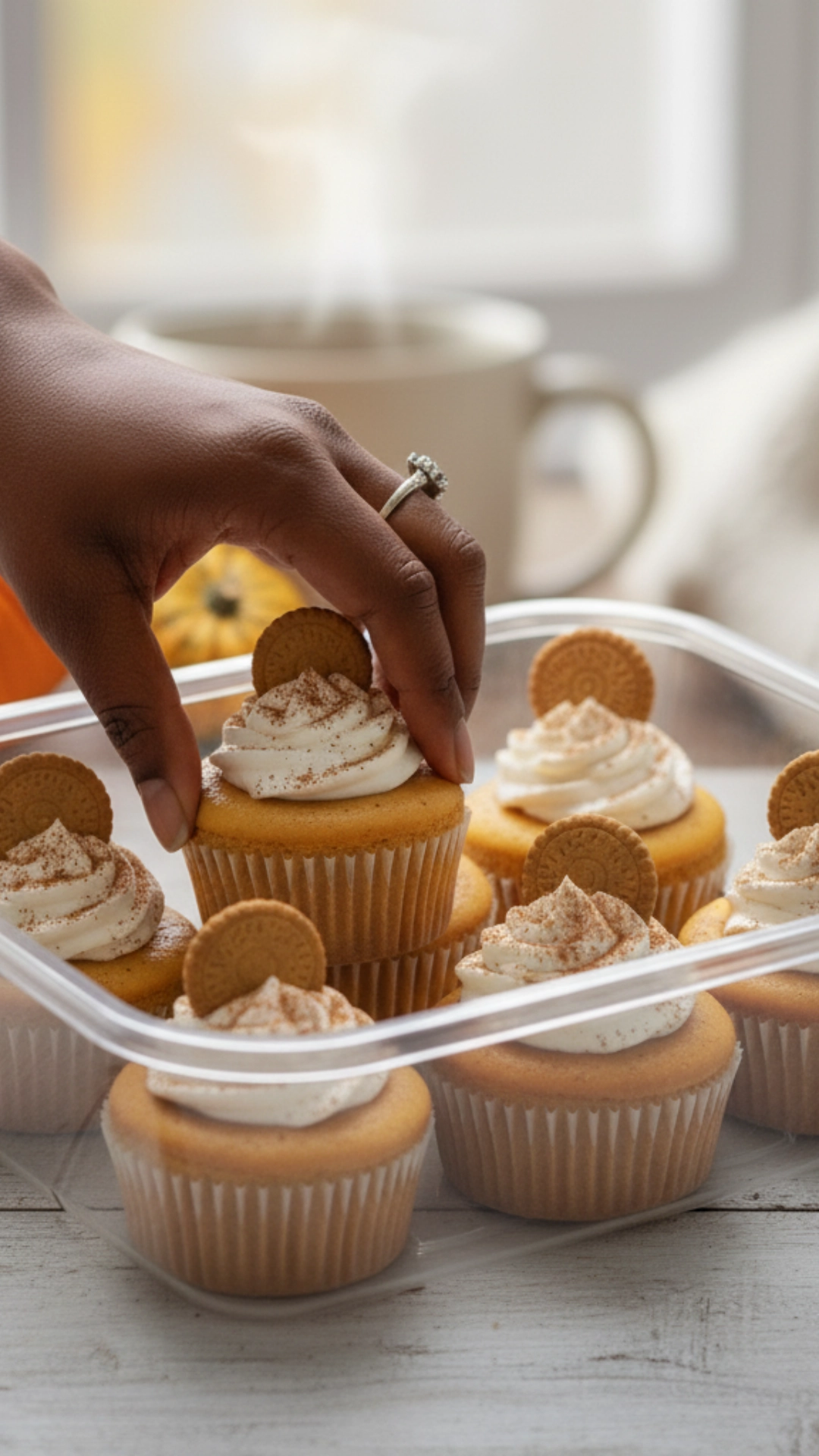 Mini Pumpkin Cheesecakes being stored in an airtight container