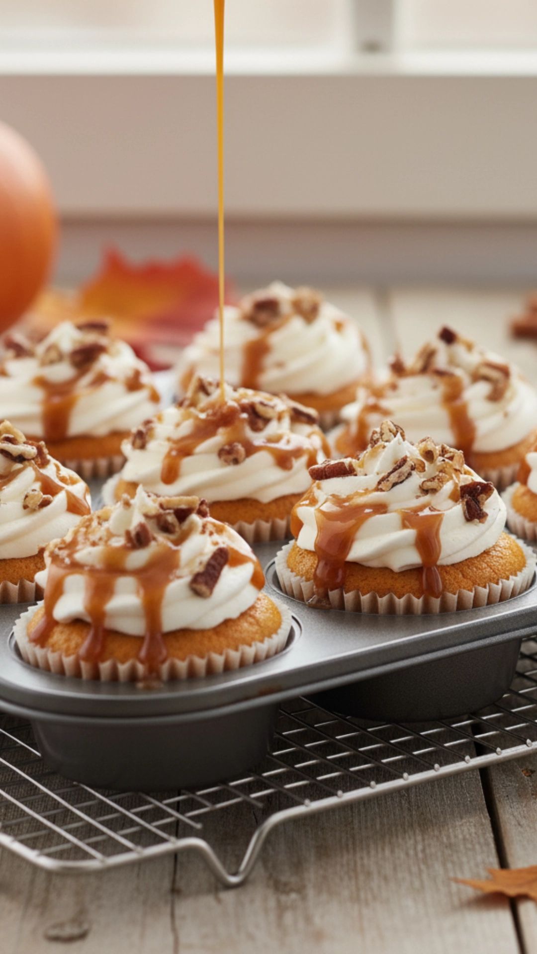Mini Pumpkin Cheesecakes with caramel drizzle and pecans