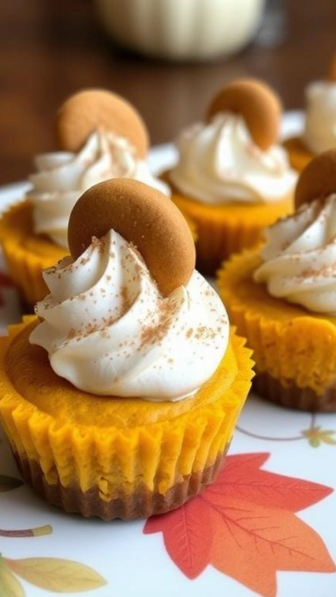 Mini Pumpkin Cheesecakes with cookie garnish