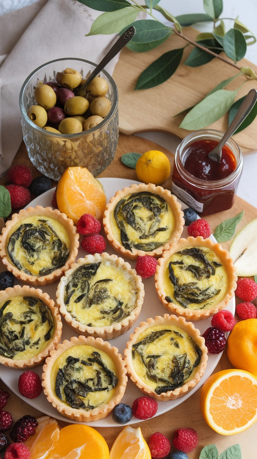 A plate of mini quiches with spinach and feta, surrounded by fresh fruits and olives.
