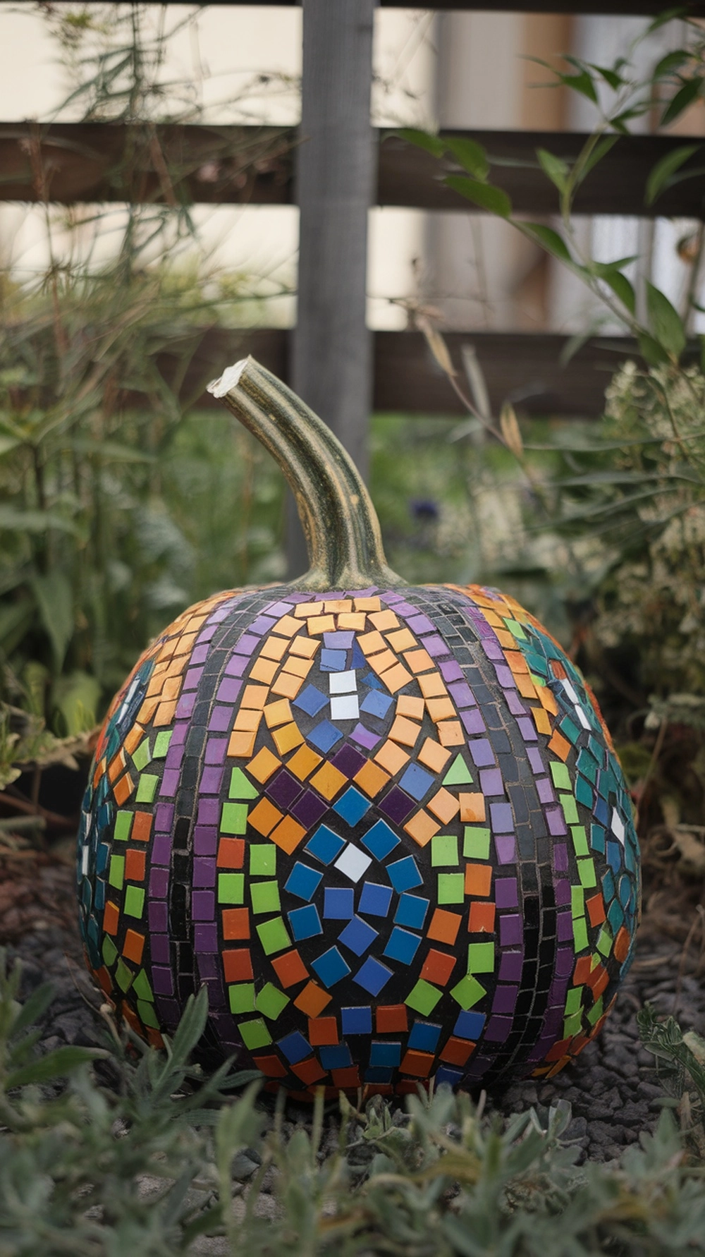 A colorful mosaic tile pumpkin with various patterns and colors.
