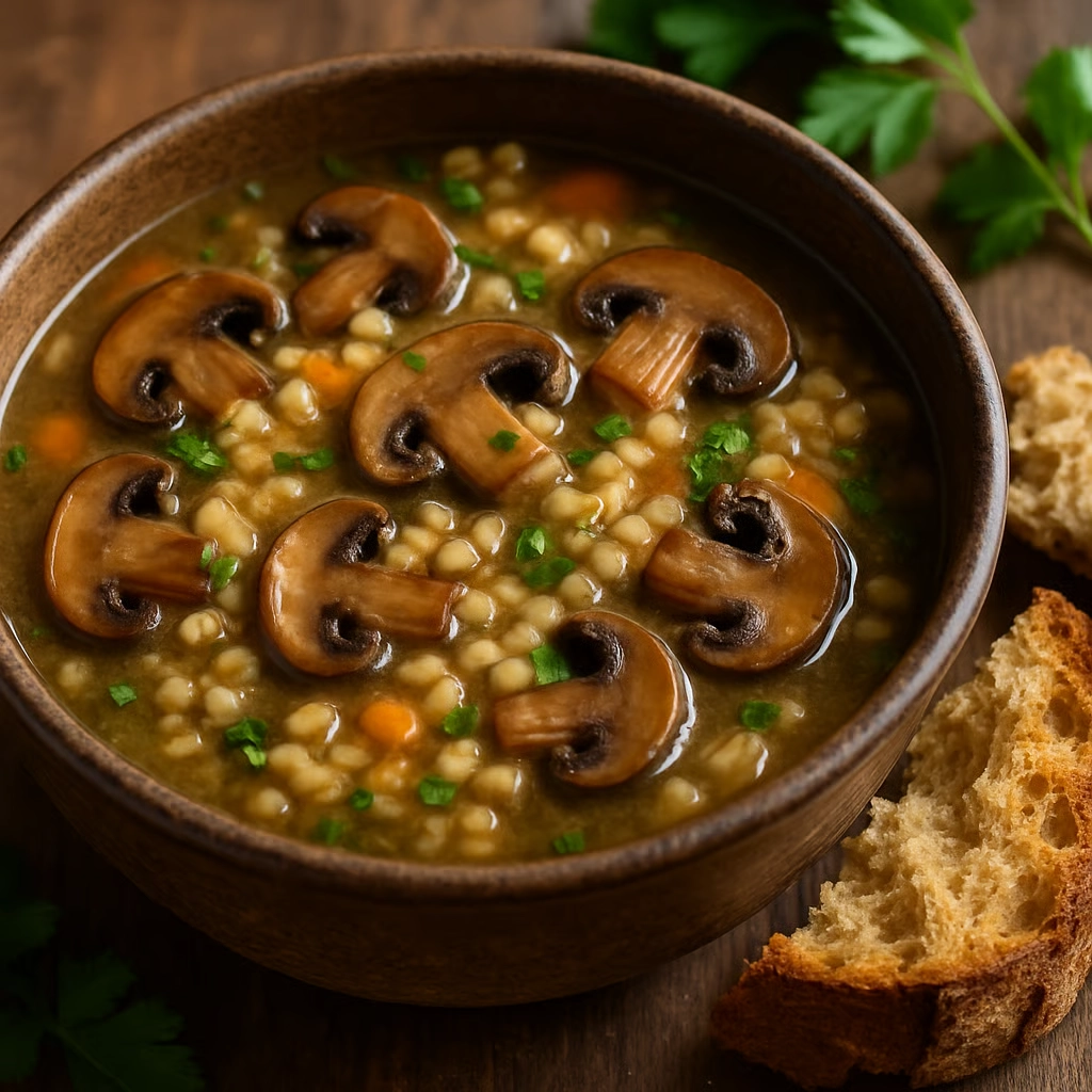 A bowl of mushroom and barley soup with herbs and a slice of bread on a wooden board.