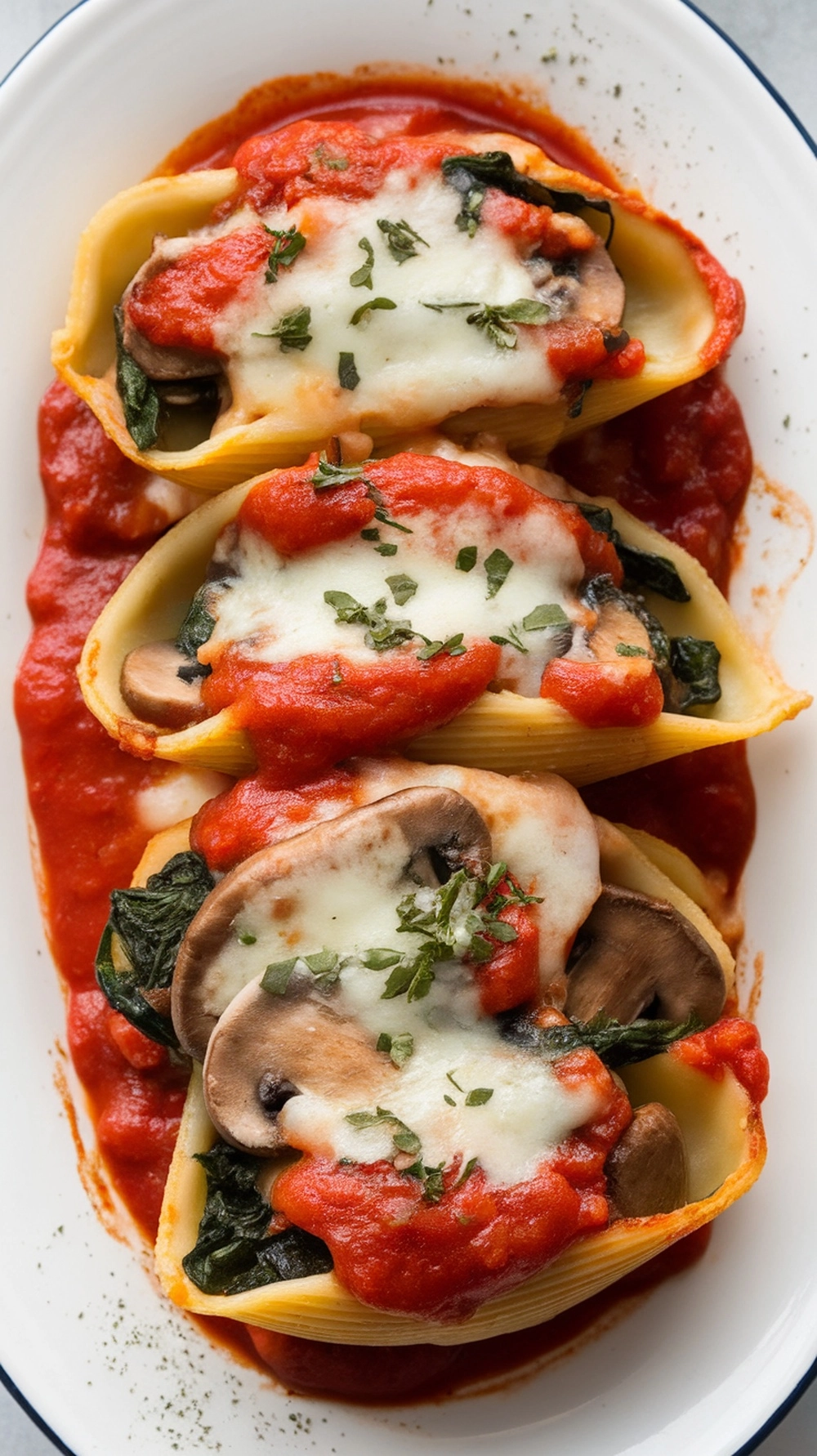 Mushroom and Spinach Stuffed Shells topped with tomato sauce and cheese