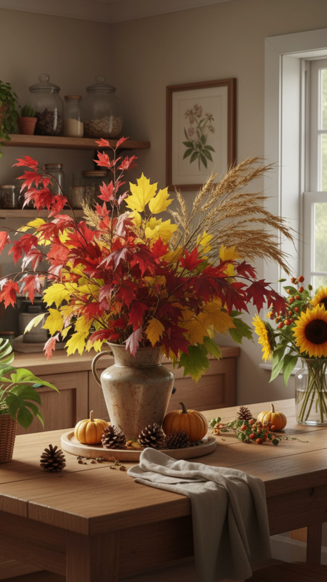 A cozy fall kitchen decorated with pumpkins, colorful leaves, and potted herbs.