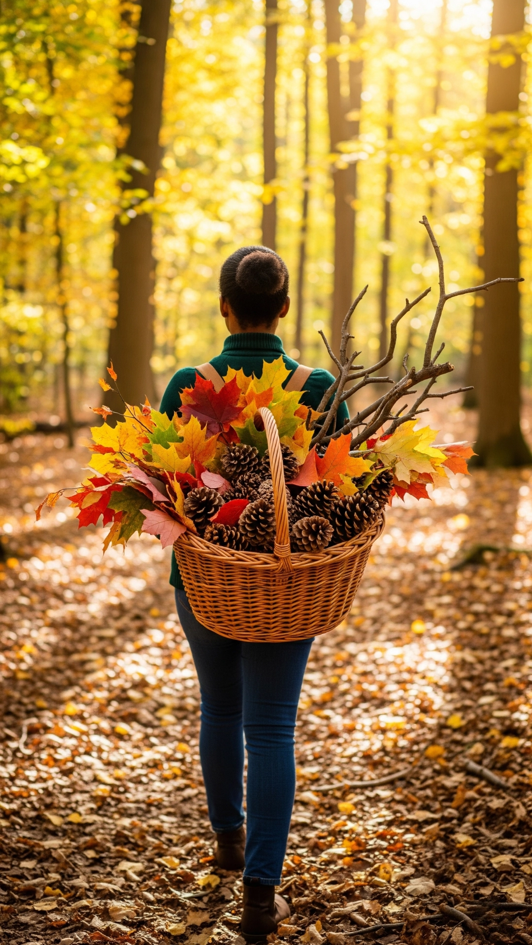 How to Make Your Fall Home Decor Look Expensive 4 A woman with a warm smile carries a wicker basket filled with colorful autumn leaves and pinecones in a sunlit forest.