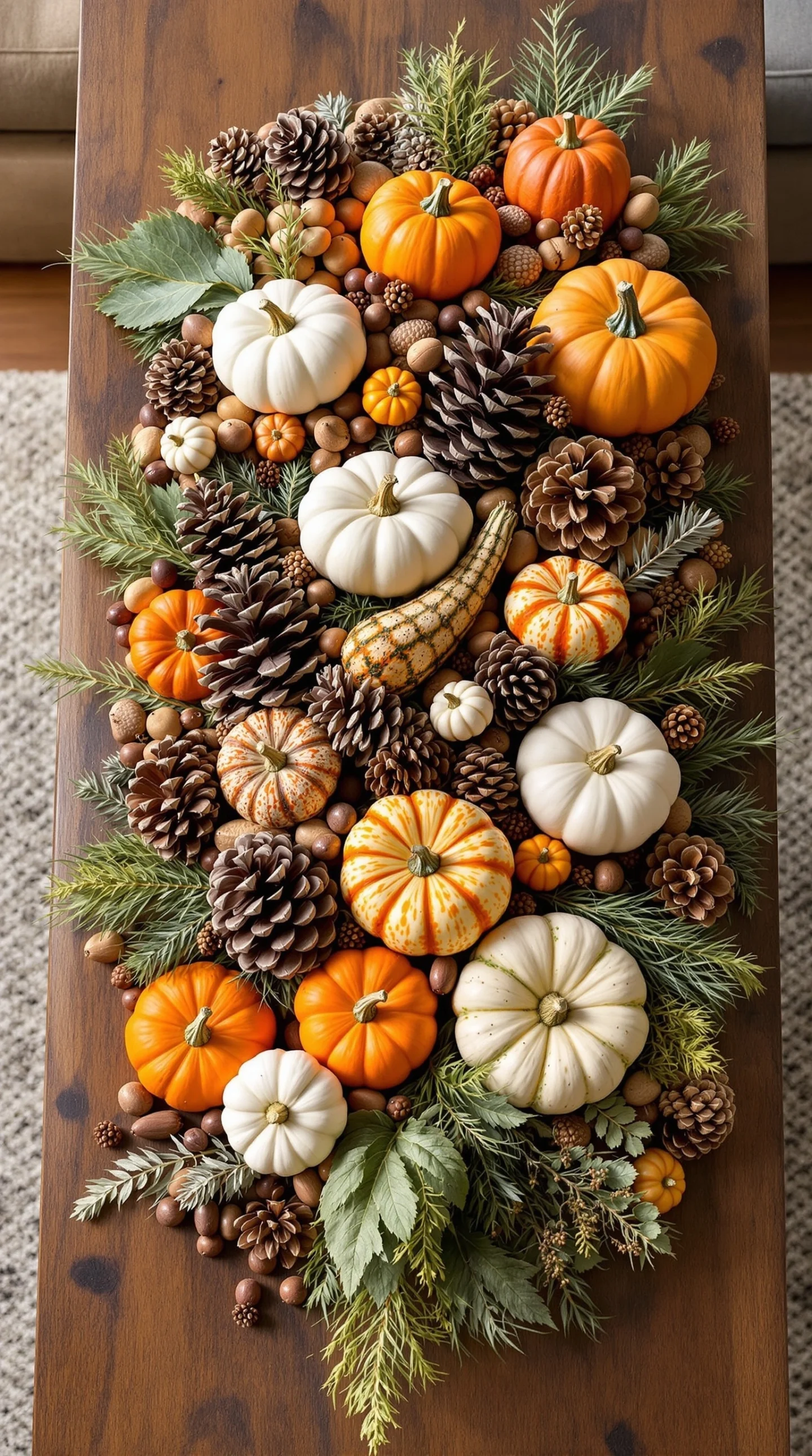 A cozy fall centerpiece featuring pumpkins, pinecones, and greenery arranged on a wooden table.