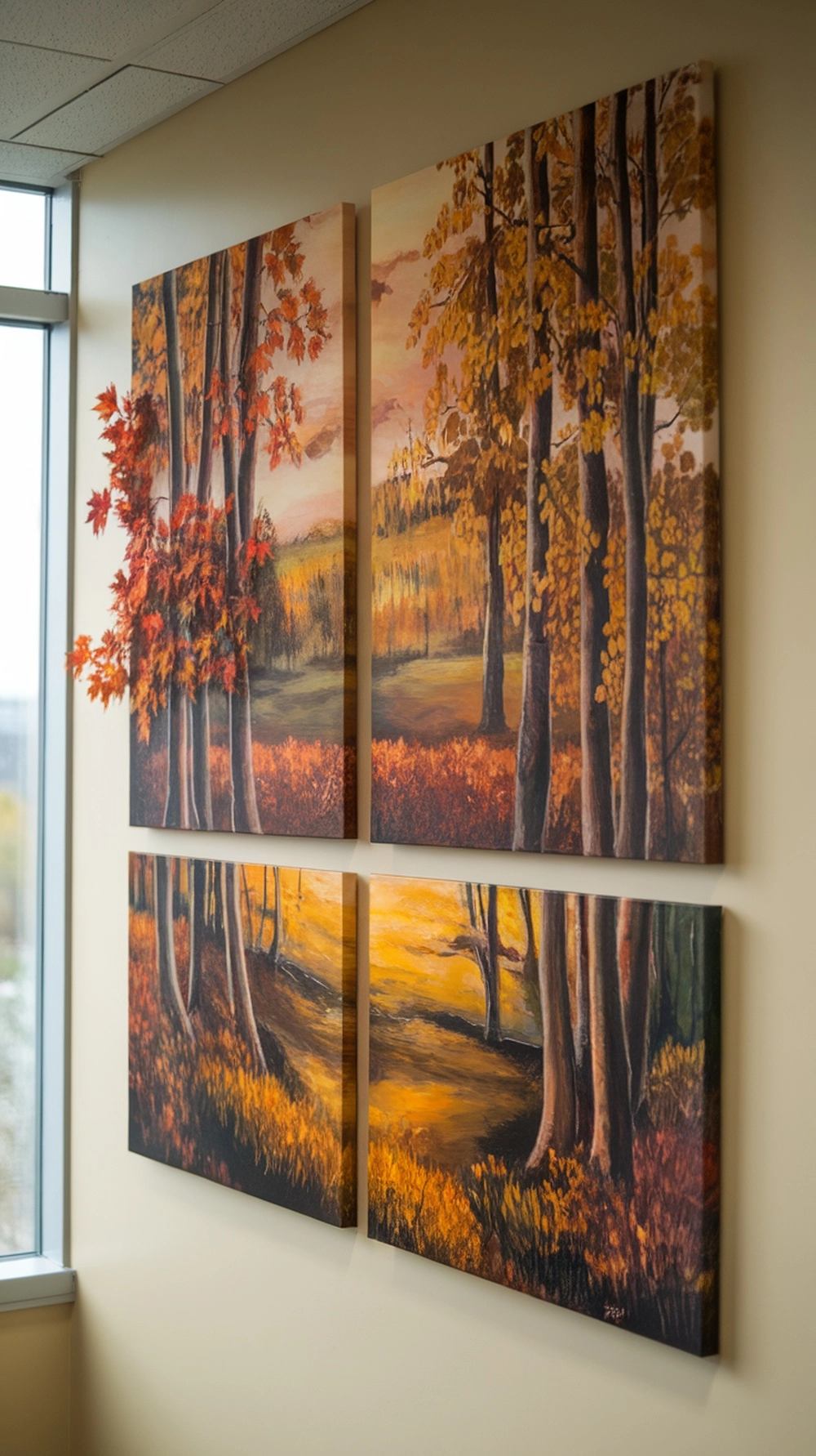 Four nature-inspired paintings depicting autumn trees and landscapes