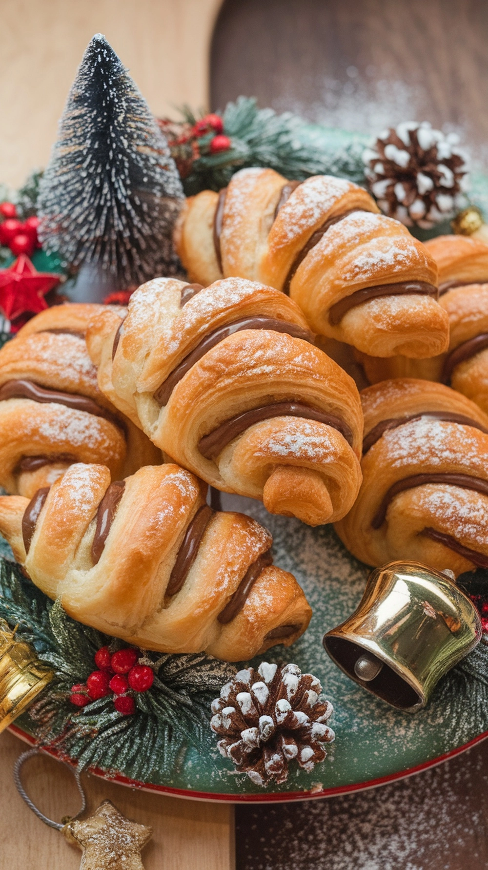 A plate of Nutella stuffed croissants decorated with festive elements like pine cones and a small Christmas tree.