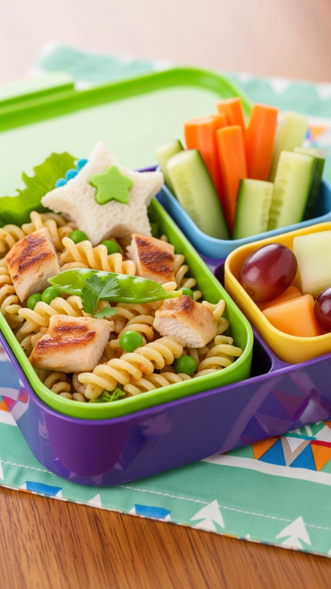 Creative and Healthy School Lunch Ideas for Kids 6 A bento box with chicken and pea pasta salad, topped with a star-shaped sandwich, with fruit and veggie sides.