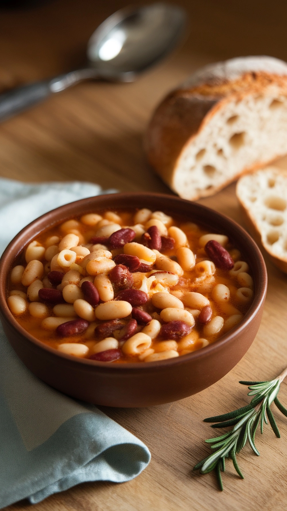 A bowl of Pasta e Fagioli with beans and pasta, accompanied by a slice of bread.