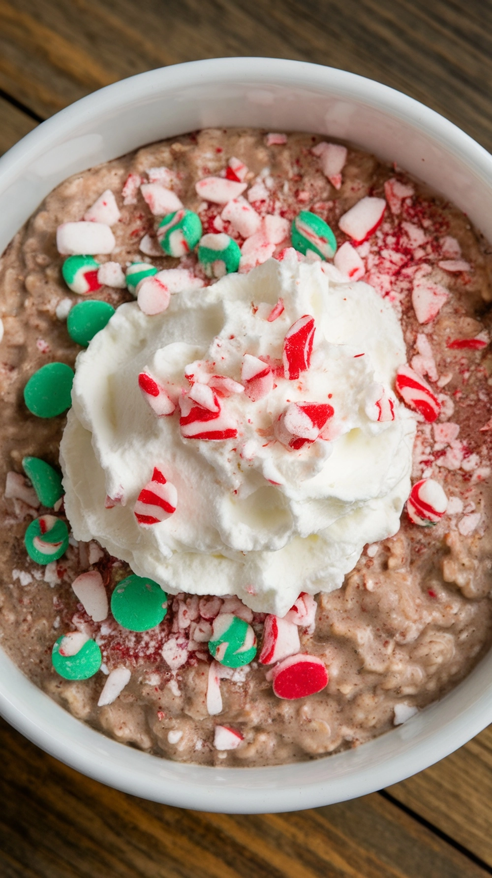 A bowl of peppermint hot chocolate oatmeal topped with whipped cream and colorful candy pieces.