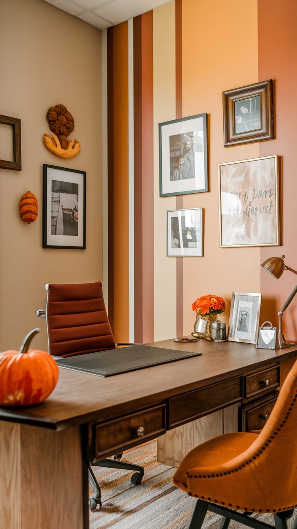 A cozy office setup with autumn colors, featuring a pumpkin, flowers, and framed pictures.