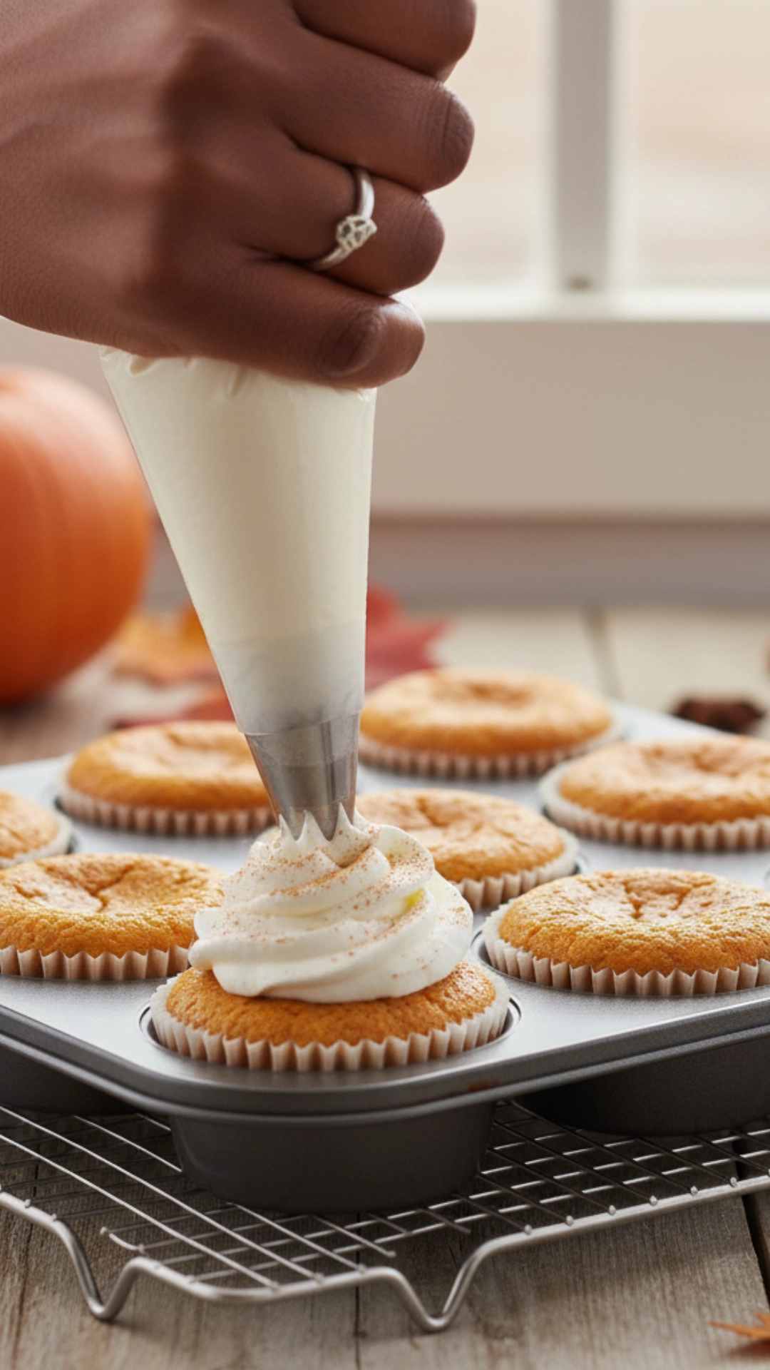 Piping whipped cream onto Mini Pumpkin Cheesecakes