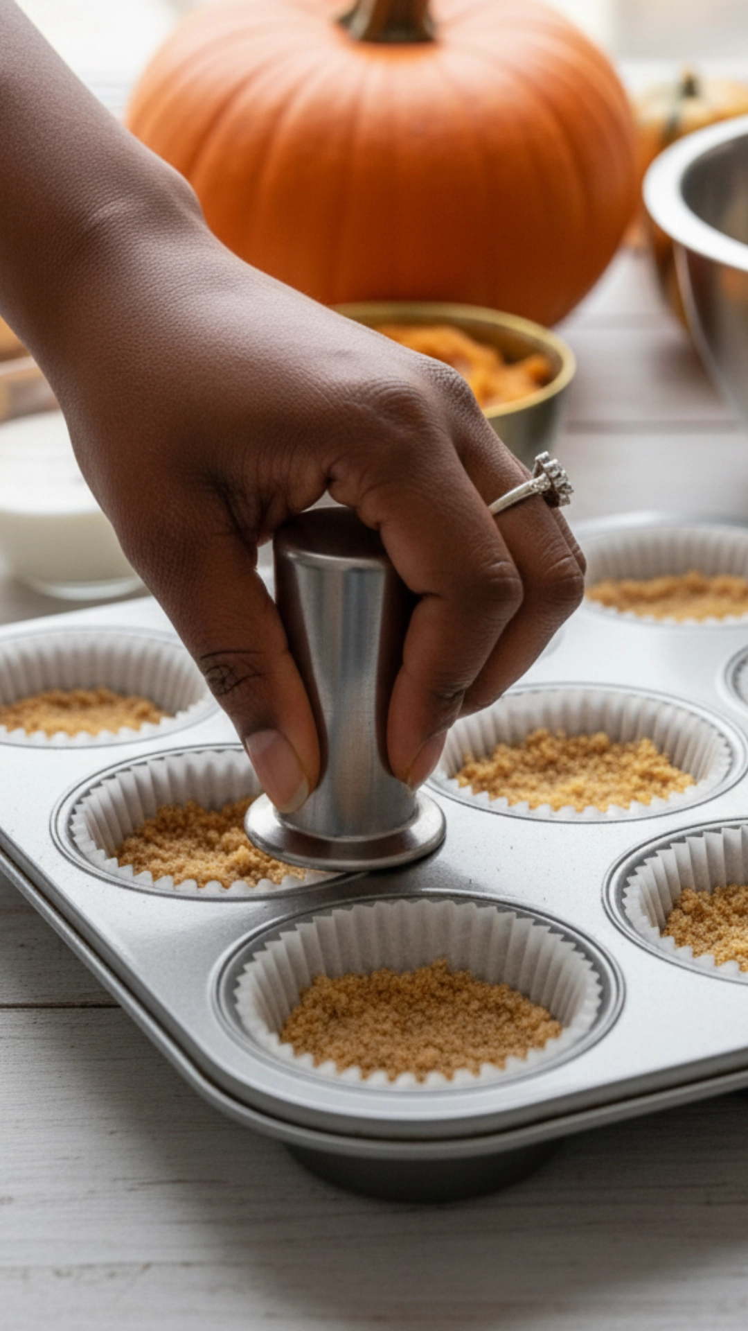 Pressing graham cracker crust into muffin tin liners