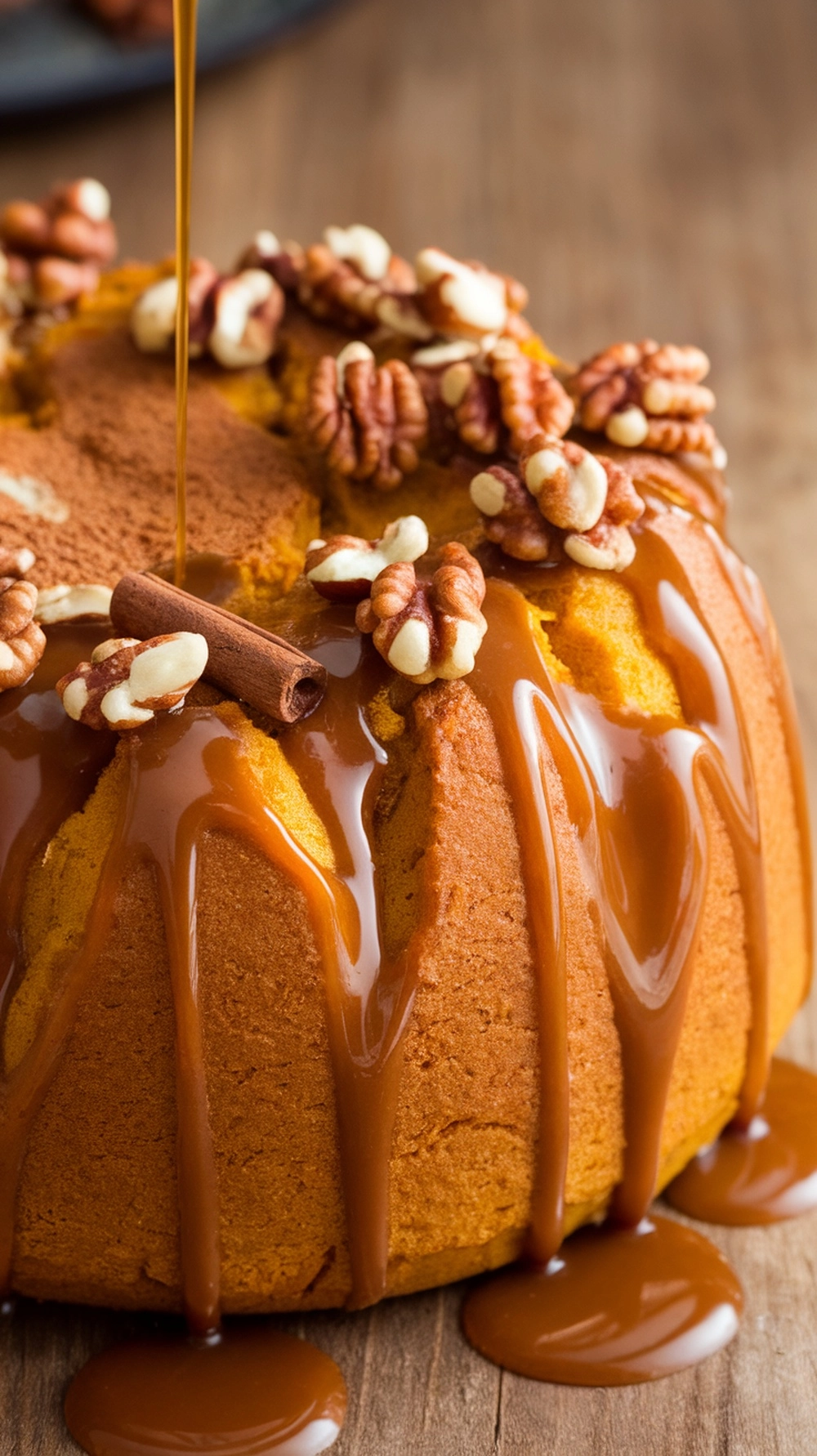 Pumpkin bread pudding topped with caramel sauce and pecans