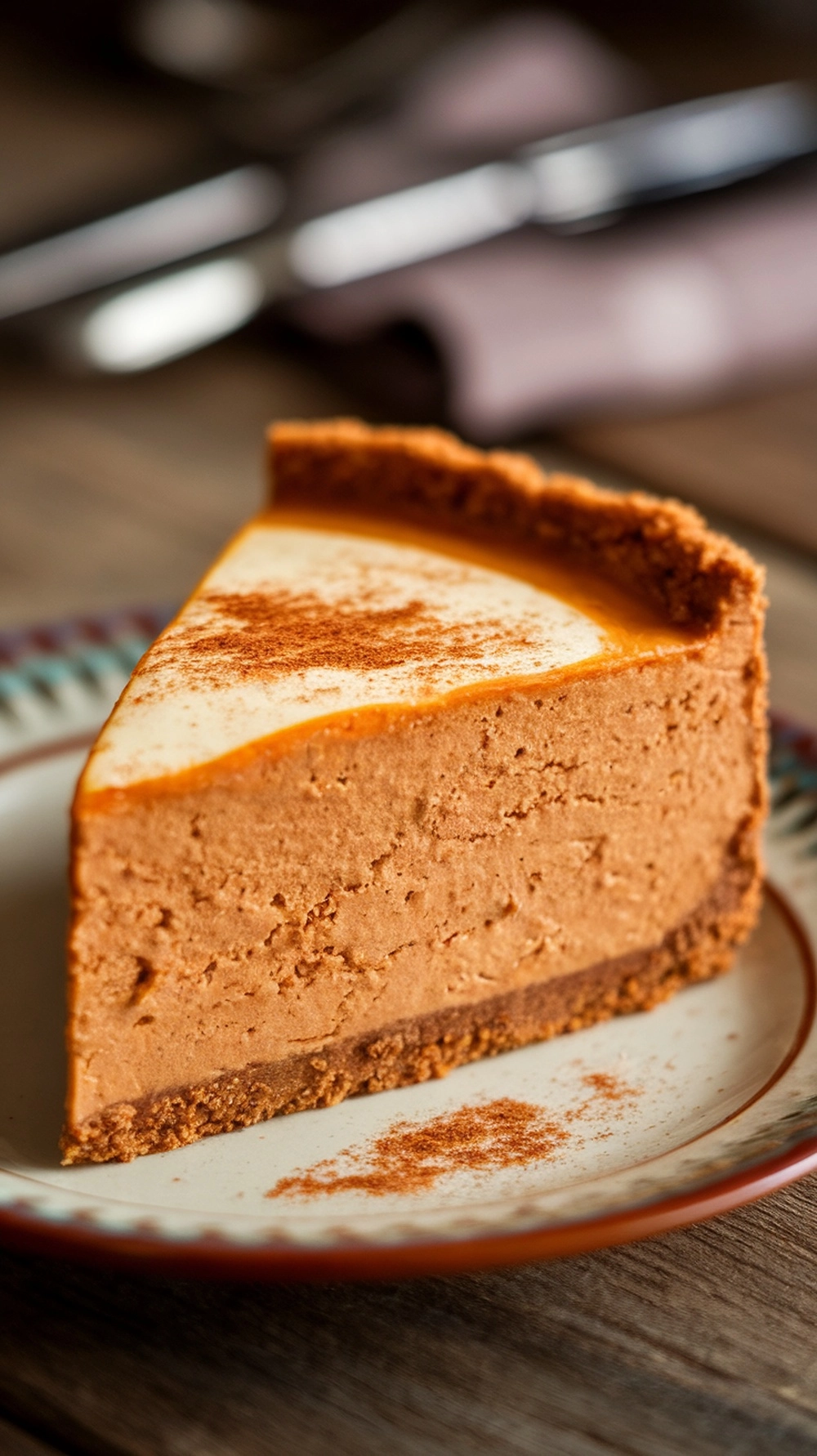 Slice of pumpkin cheesecake with gingersnap crust on a plate