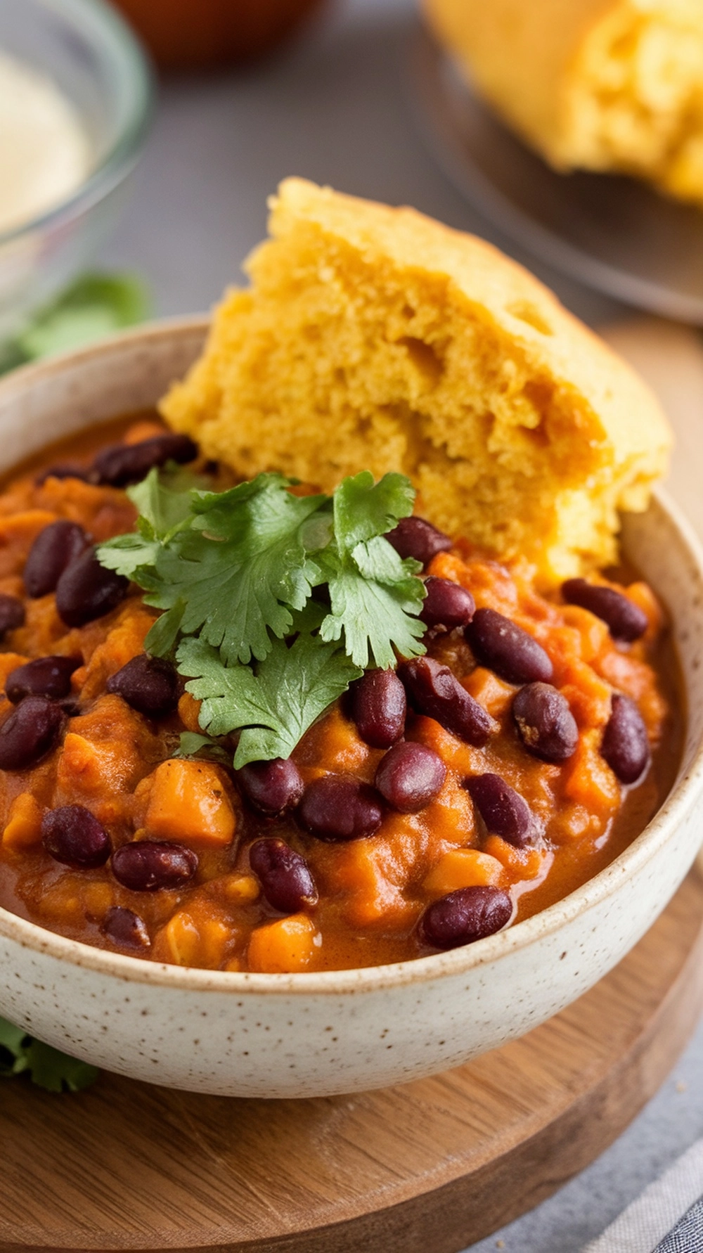 A bowl of pumpkin chili with black beans topped with cilantro and a piece of cornbread.