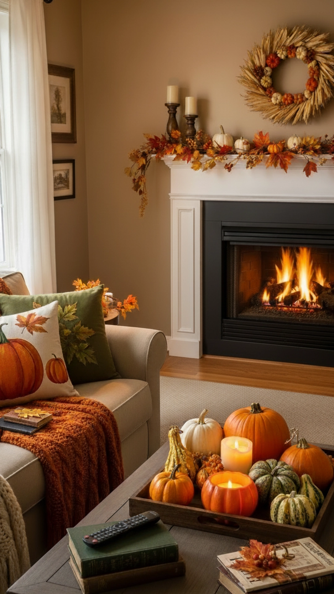 Cozy living room decorated with pumpkins and fall accents
